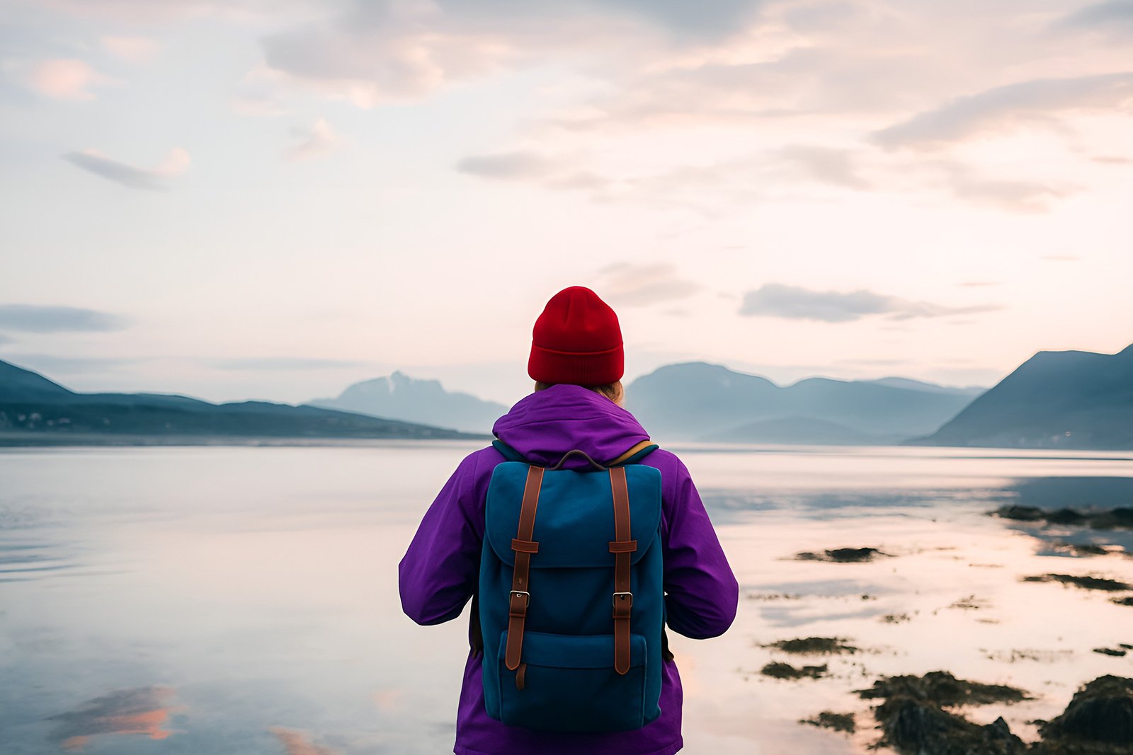 Hiker Enjoying Scenic Mountain View by Tranquil Lake at Sunrise
