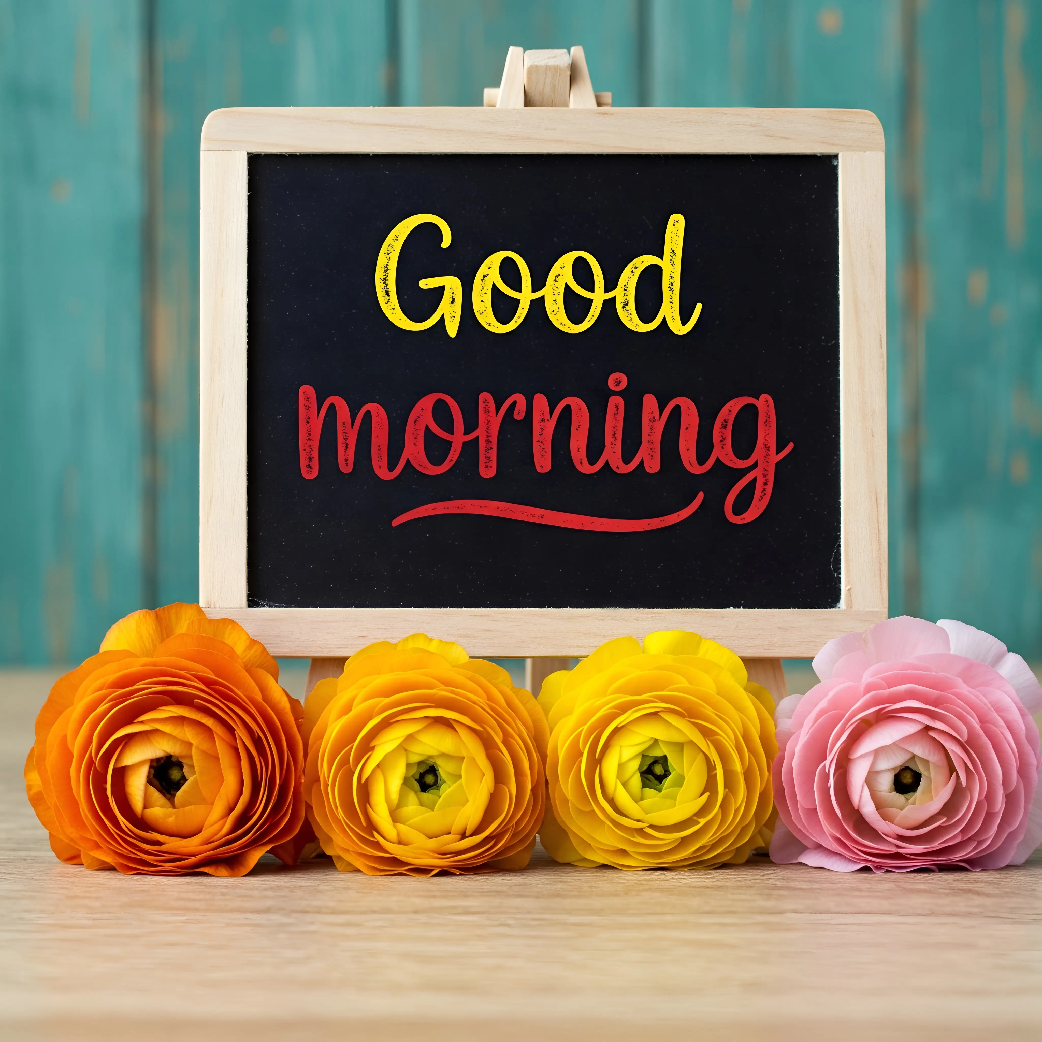 Good Morning Message Displayed on Chalkboard with Colorful Ranunculus Flowers