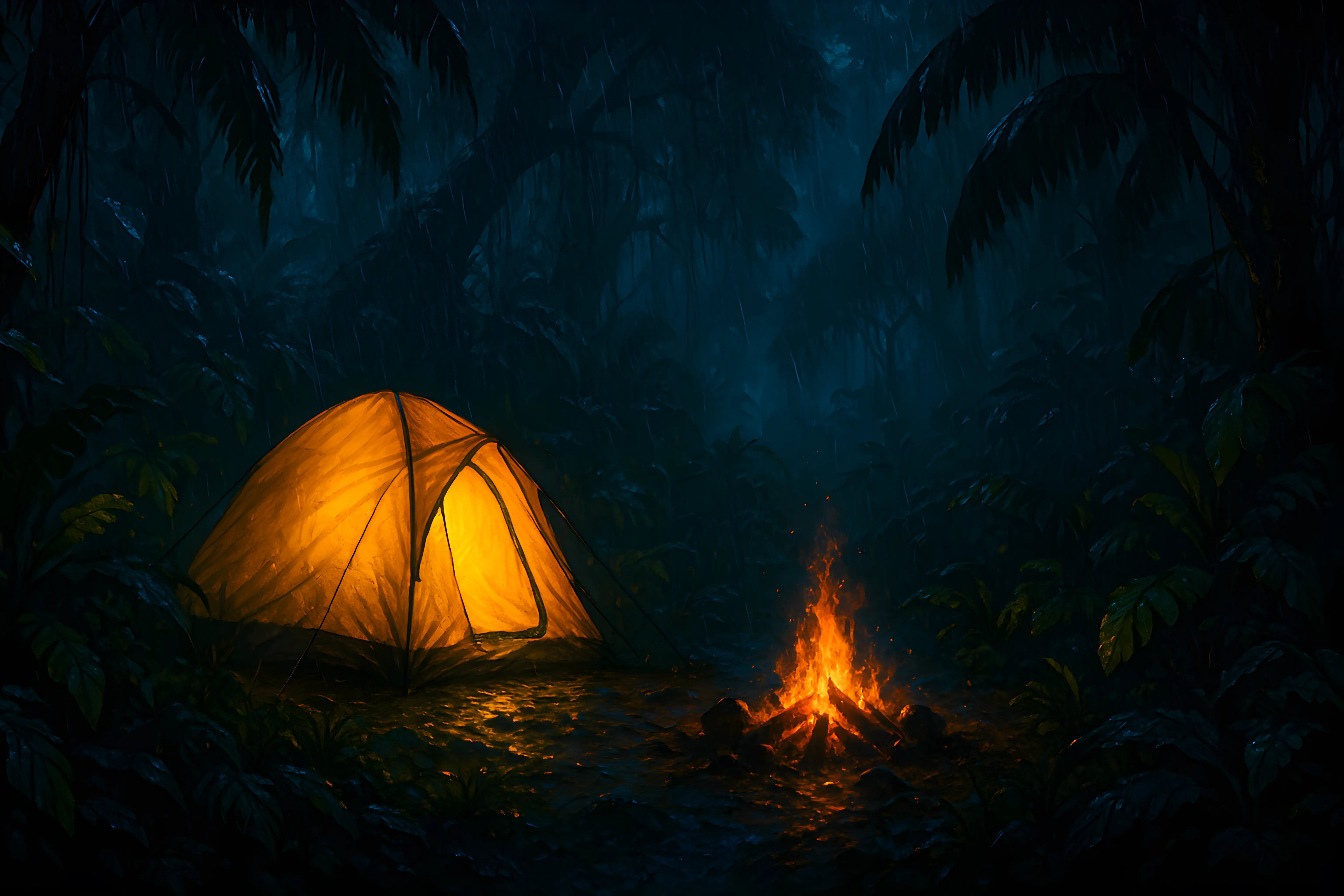 Illuminated Camp Tent and Warm Fire in a Dark Jungle