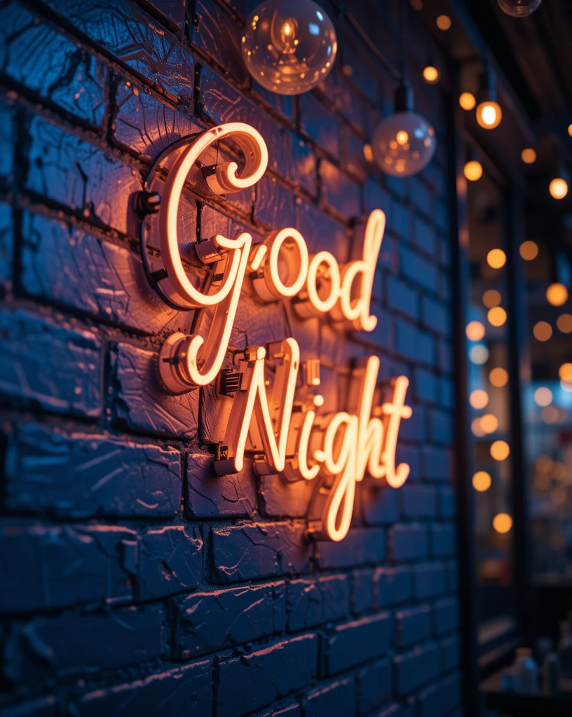 Illuminated Neon Good Night Sign on a Textured Brick Wall