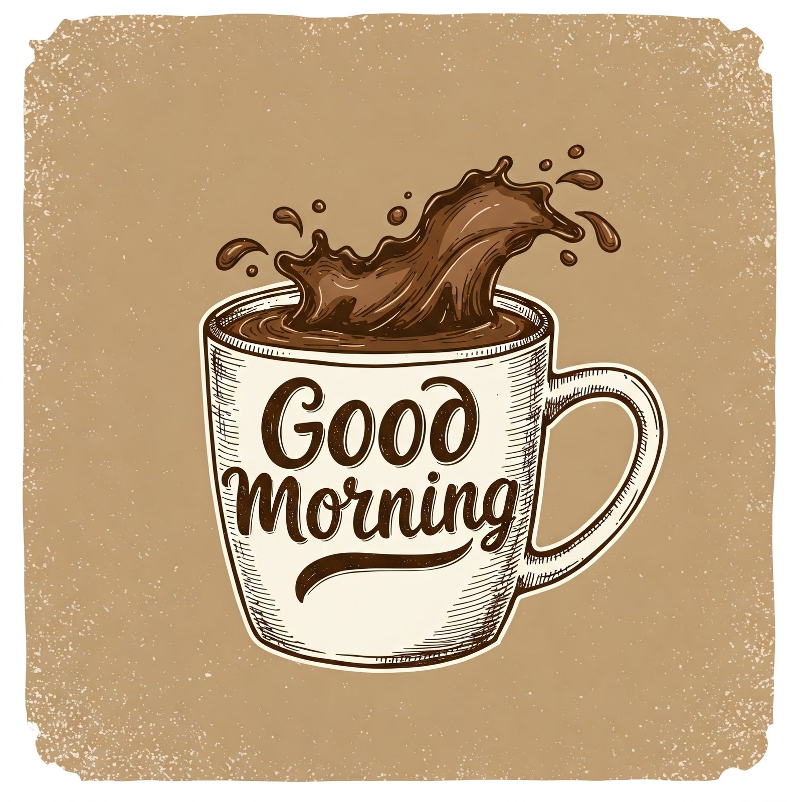 Illustrated Coffee Cup With Good Morning Text and Splashed Coffee Art