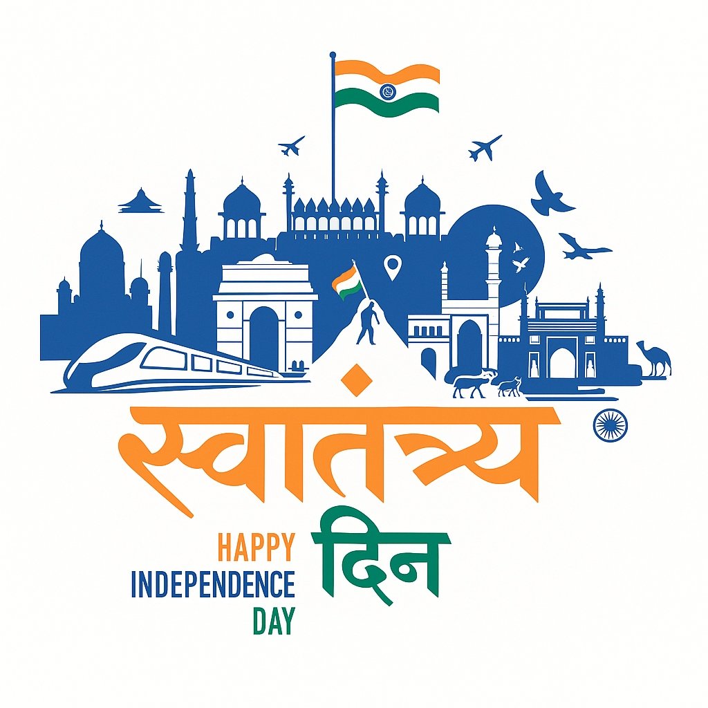 Illustration Celebrating Indian Independence Day With National Landmarks and Symbols
