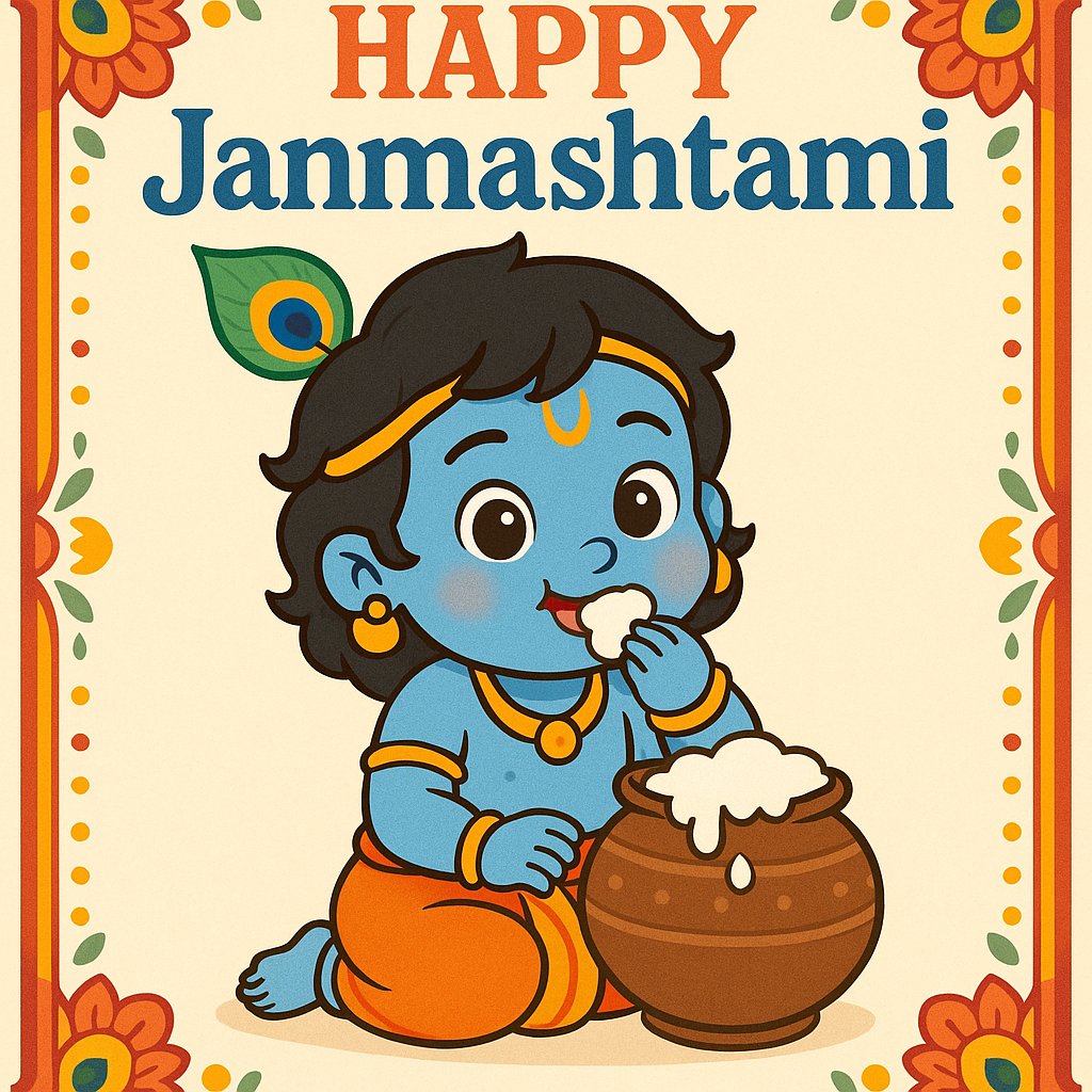 Illustration of Baby Krishna Celebrating Janmashtami with Butter Pot