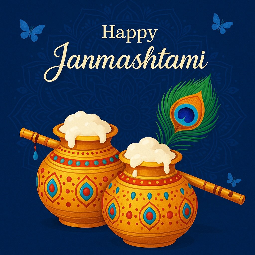 Illustration of Festive Janmashtami Elements with Pots and Peacock Feather