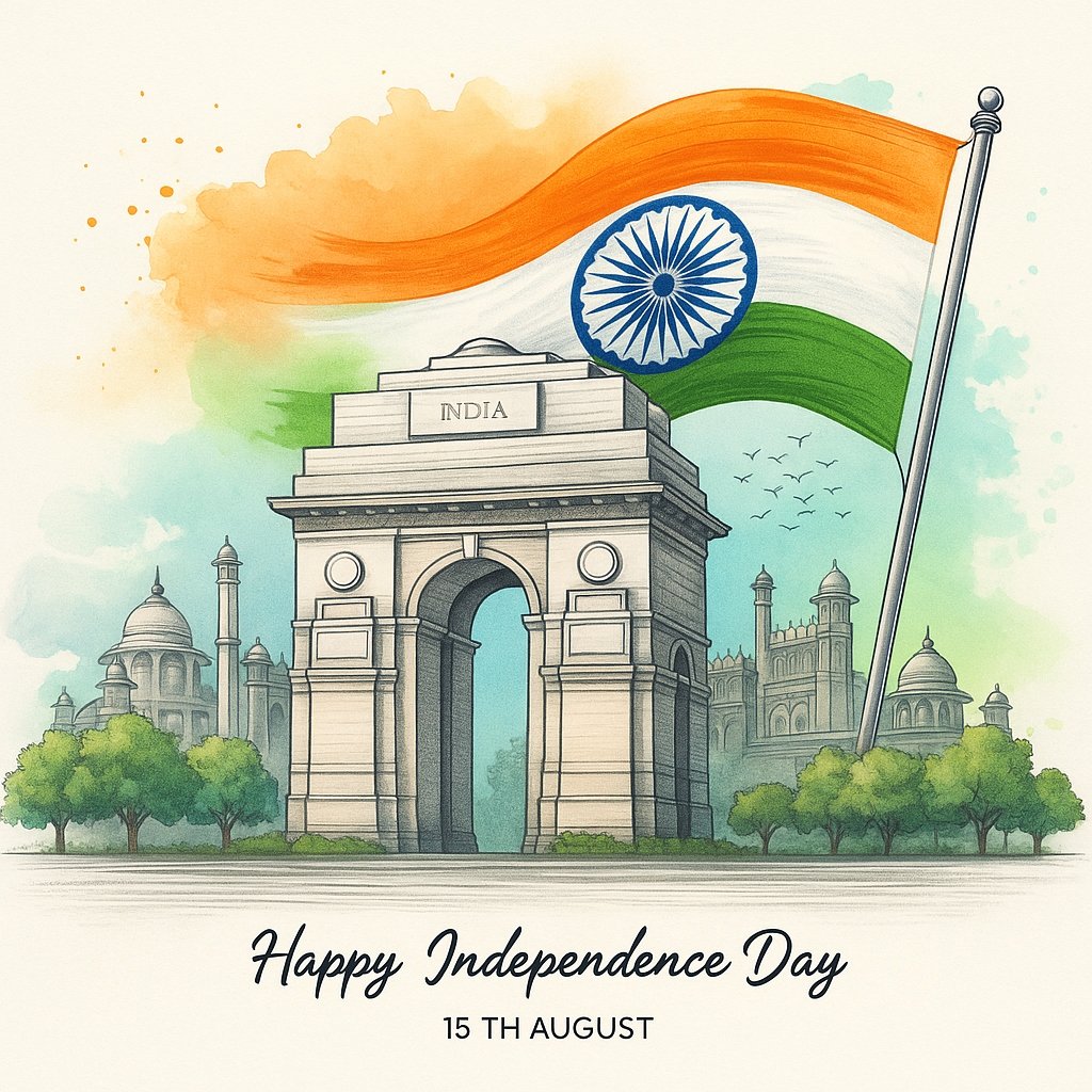 Illustration of Indian Independence Day Celebration with Flag and Monument