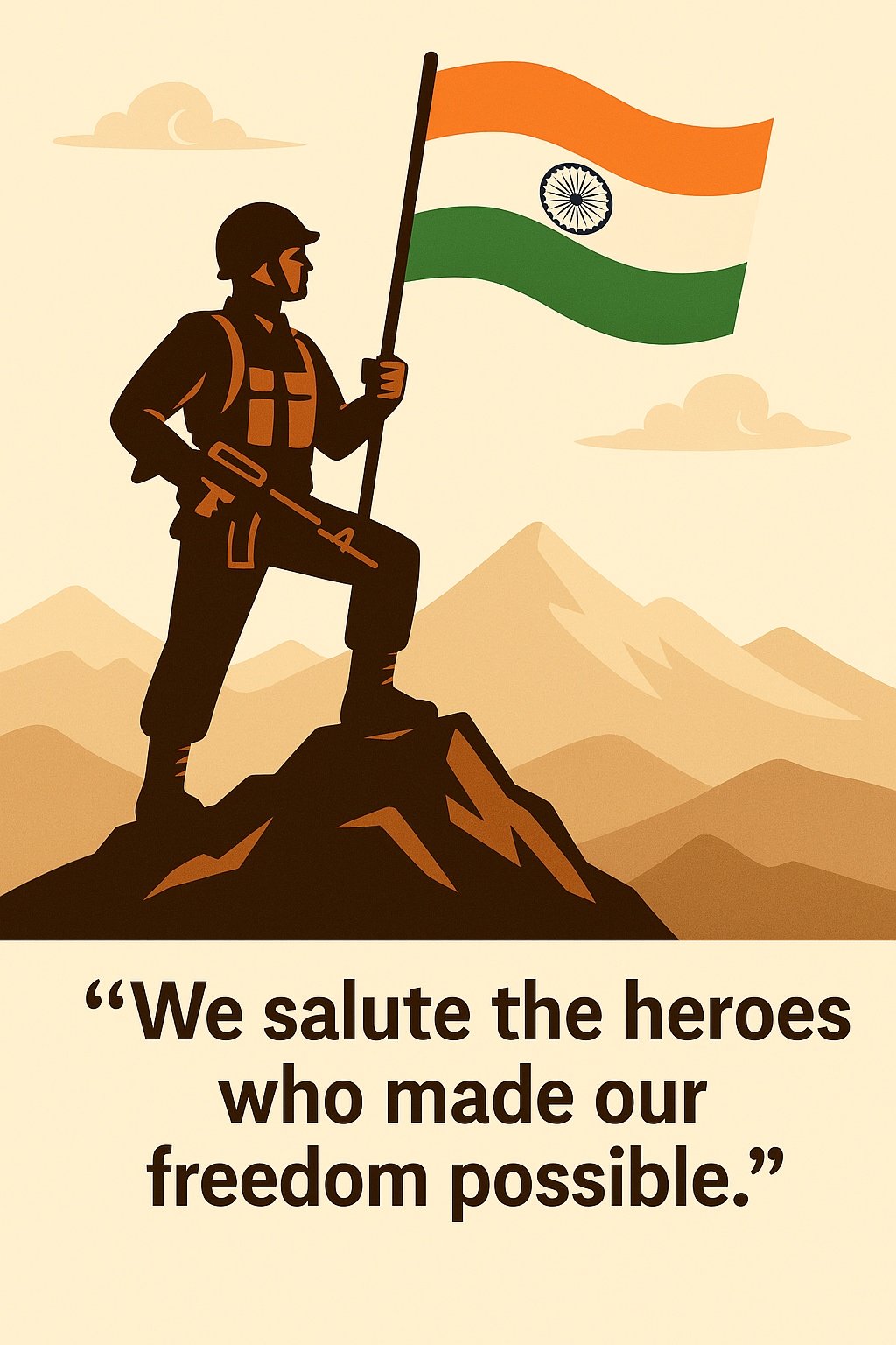 Illustration of Soldier Saluting with National Flag Against Mountainous Background