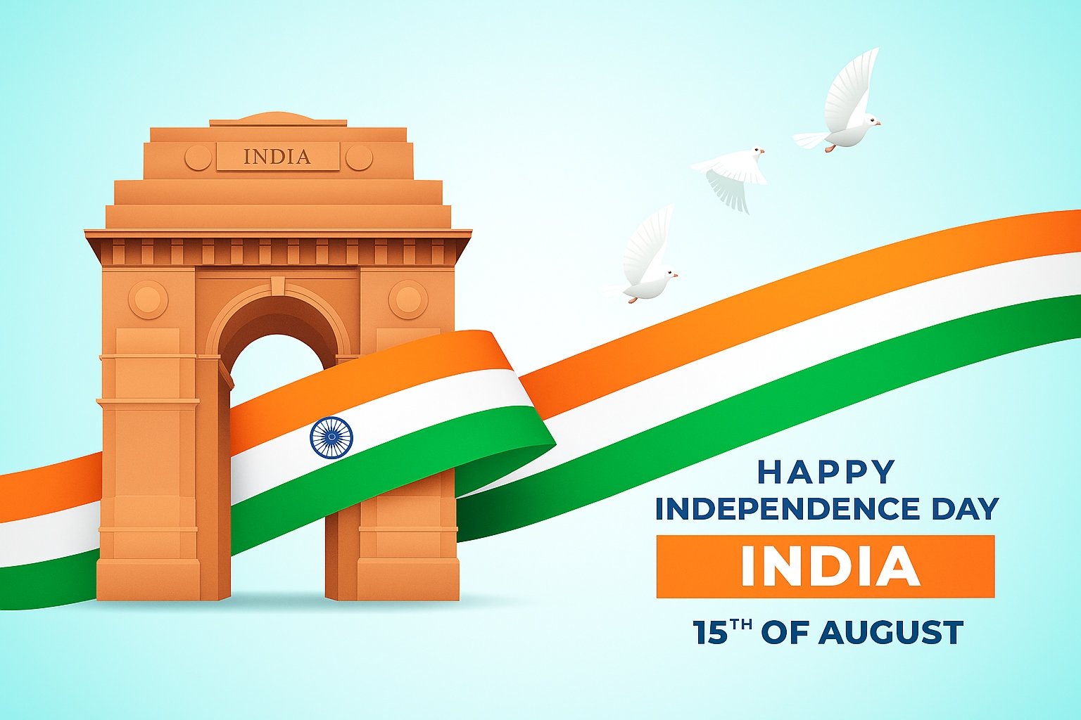 India Gate with National Flag and Doves Celebrating Independence Day