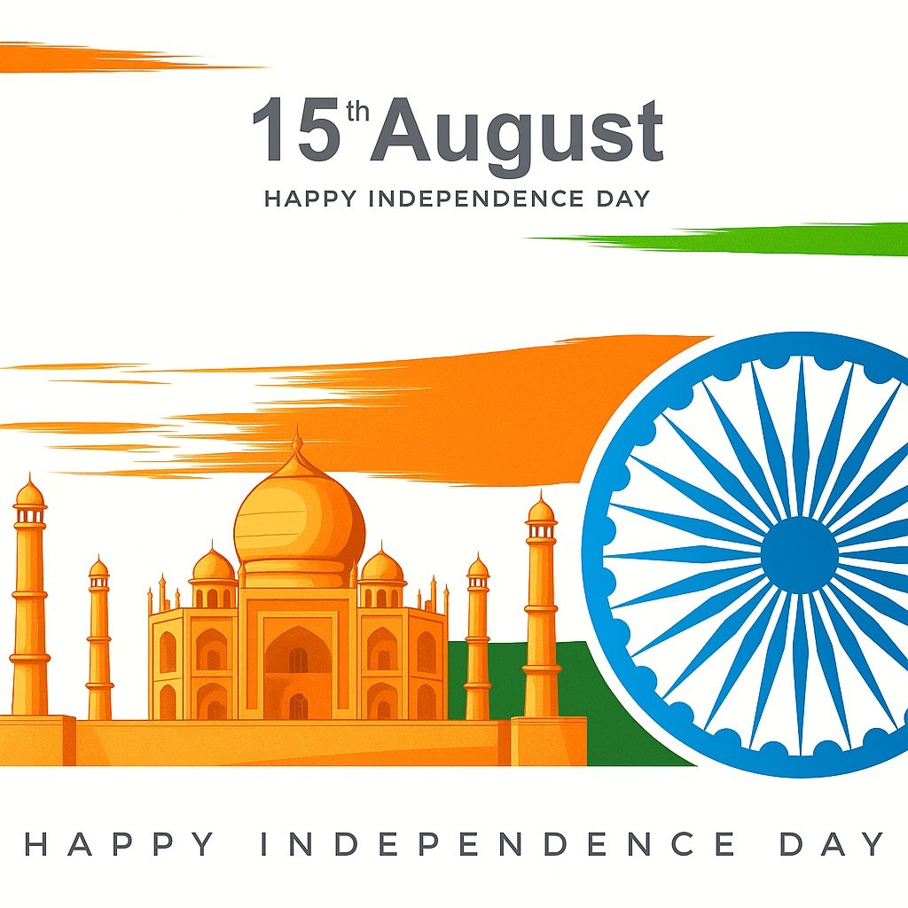 Indian Independence Day Banner Featuring Taj Mahal and Ashoka Chakra Symbol