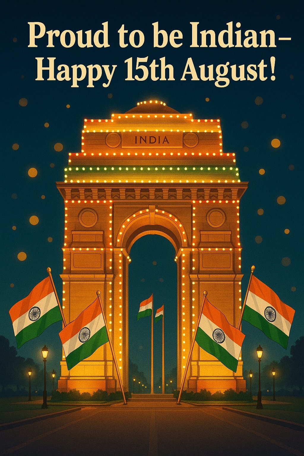 Indian Independence Day Celebration with Illuminated Monument and National Flags Displayed