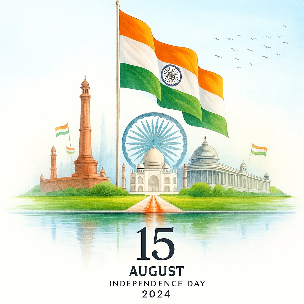 Indian Independence Day Celebration With National Flag and Historic Monuments