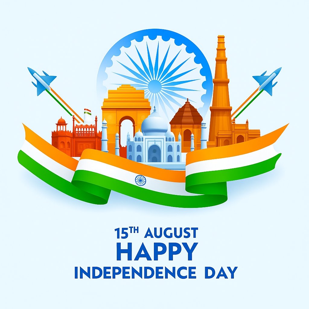 Indian Independence Day Celebration with National Landmarks and Flag Elements