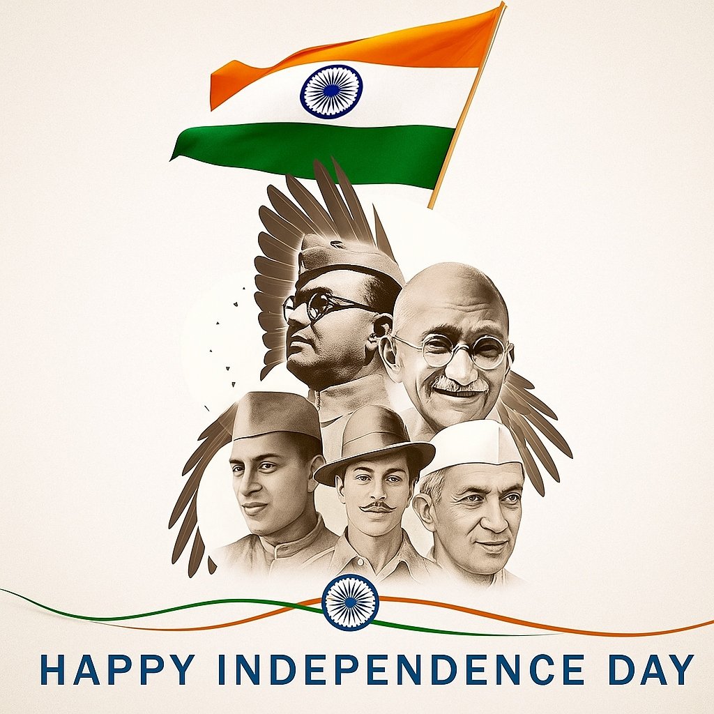 Indian Independence Day Celebrations with National Flag and Leaders' Portraits