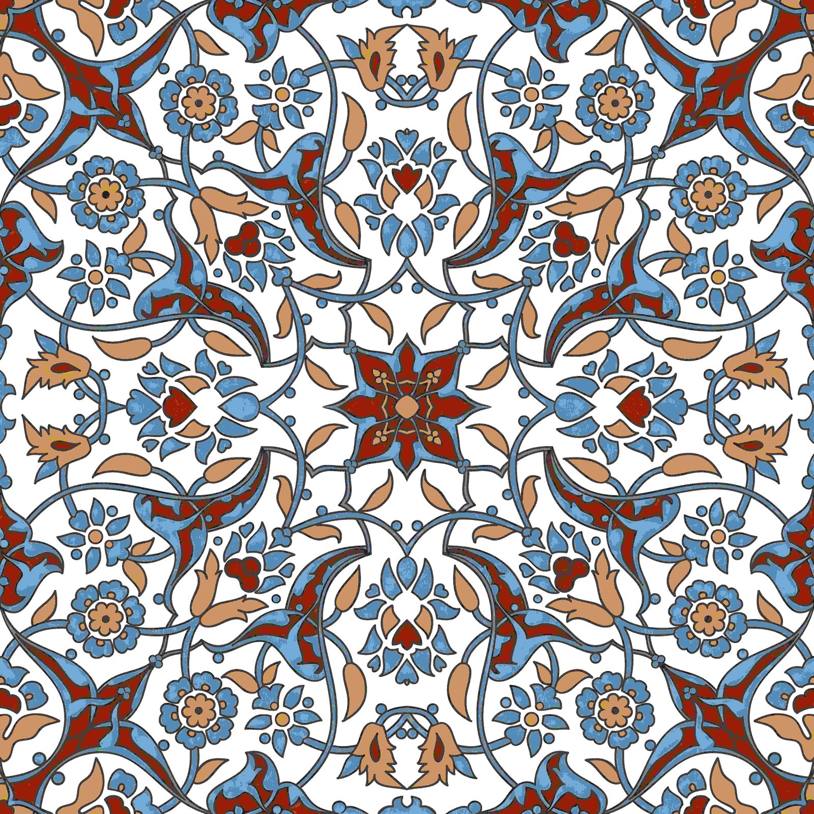 Intricate Floral Tile Pattern With Blue, Red and Tan Motifs For Decorative Wallpaper