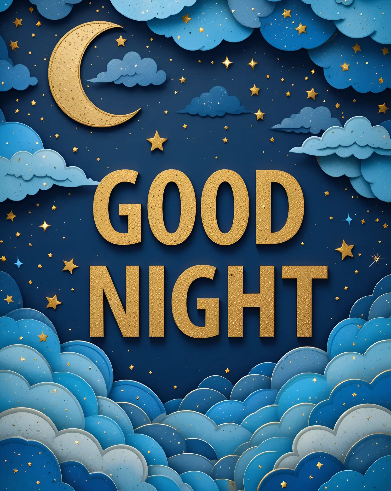 Stylized Good Night Design with Glitter Text and Clouds