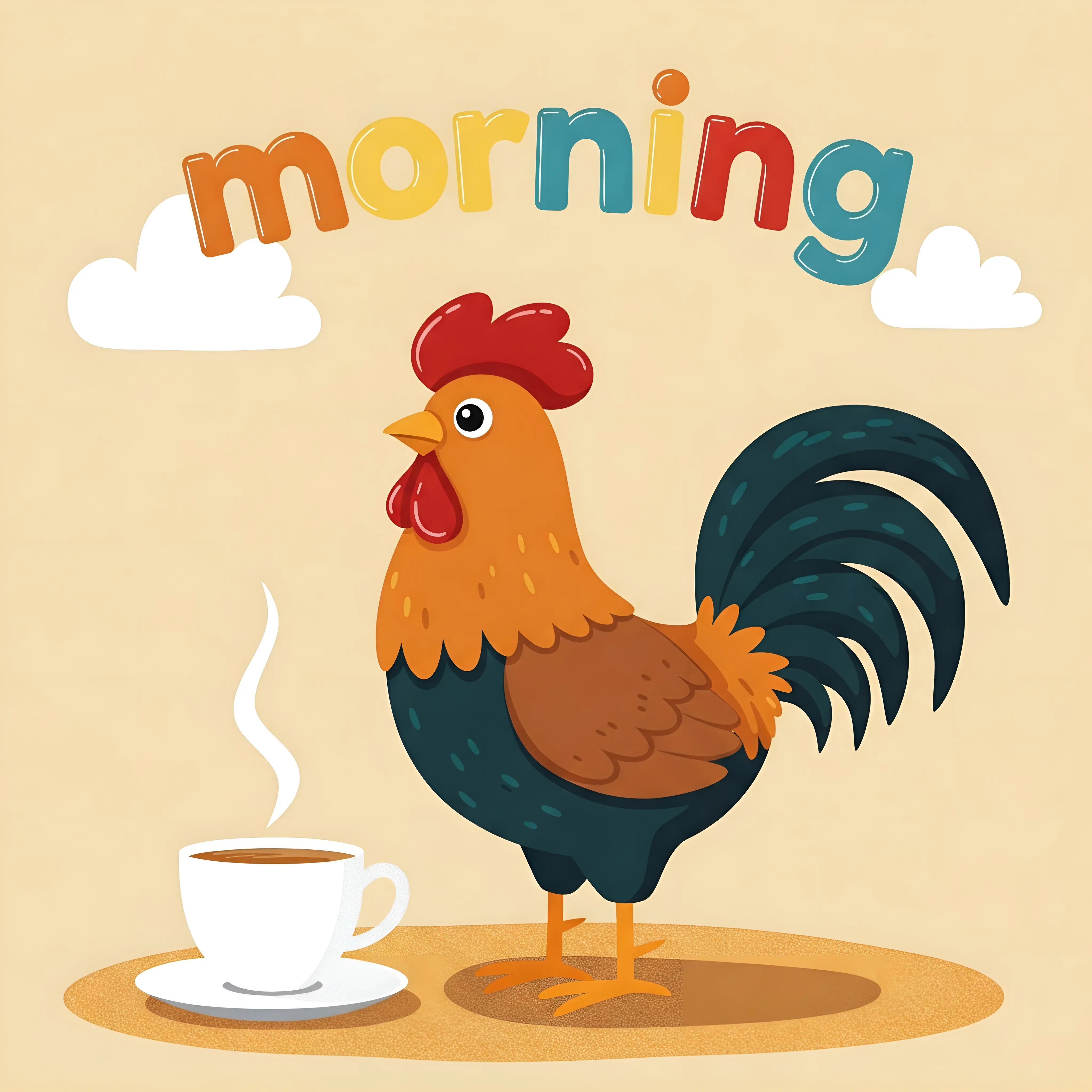 Colorful Rooster with Coffee Cup and Morning Text Illustration