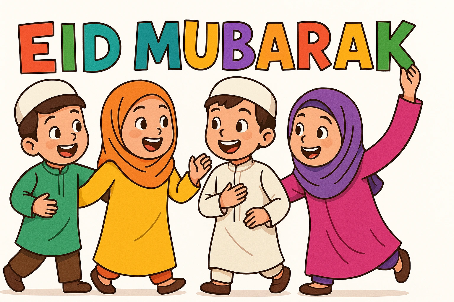 Joyful Children Celebrating Eid Mubarak In Colorful Outfits