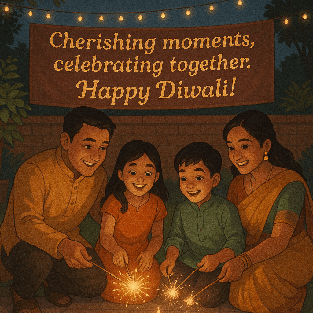 Joyful Family Celebrating Diwali Festival with Sparklers and Decorations