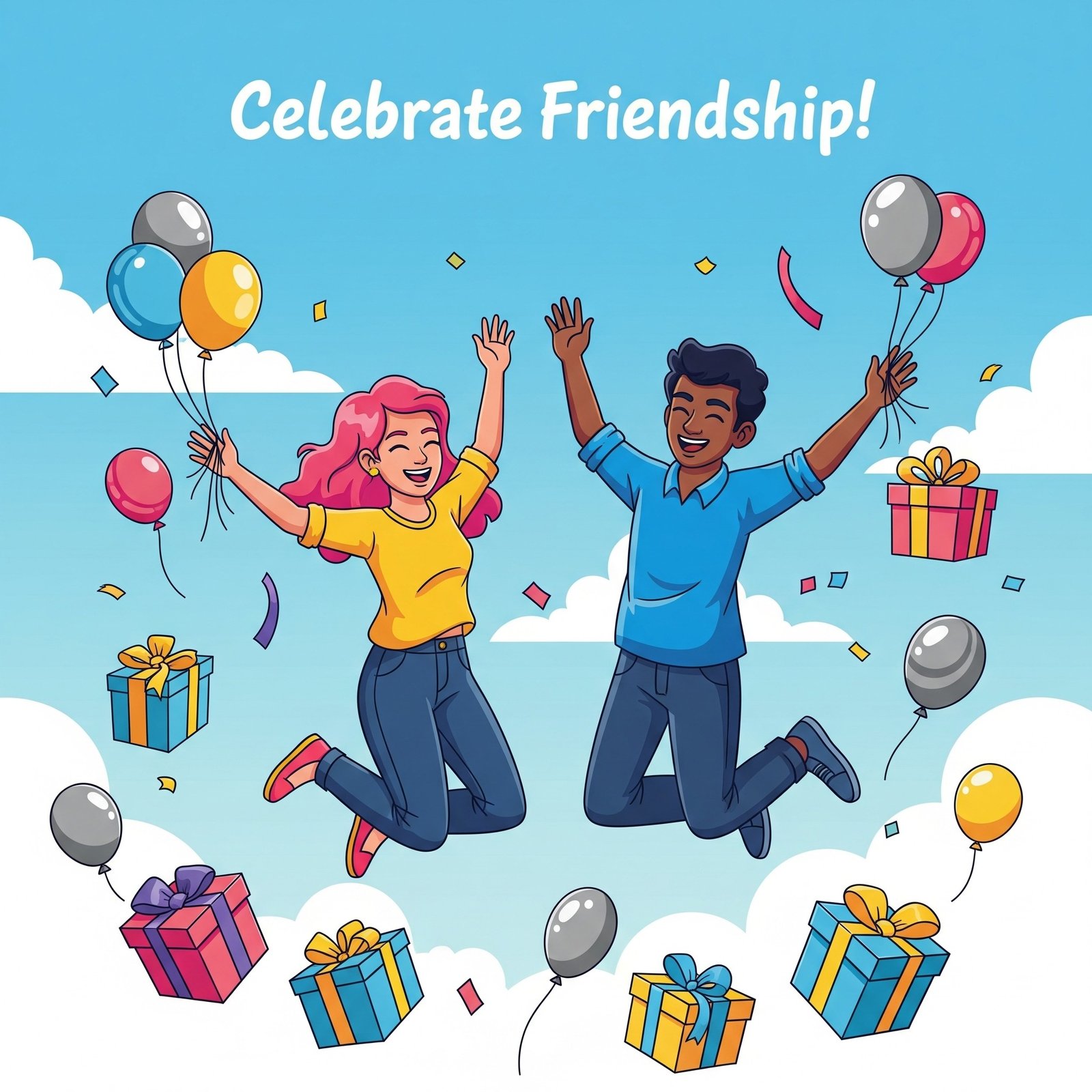Joyful Friends Celebrating Friendship with Balloons and Presents in the Sky