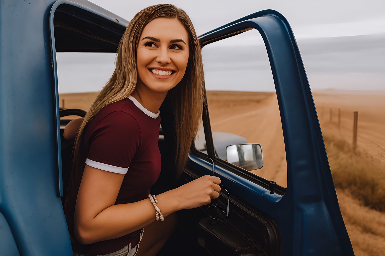 Joyful Woman Enjoying Scenic Road Trip in a Vintage Blue Truck