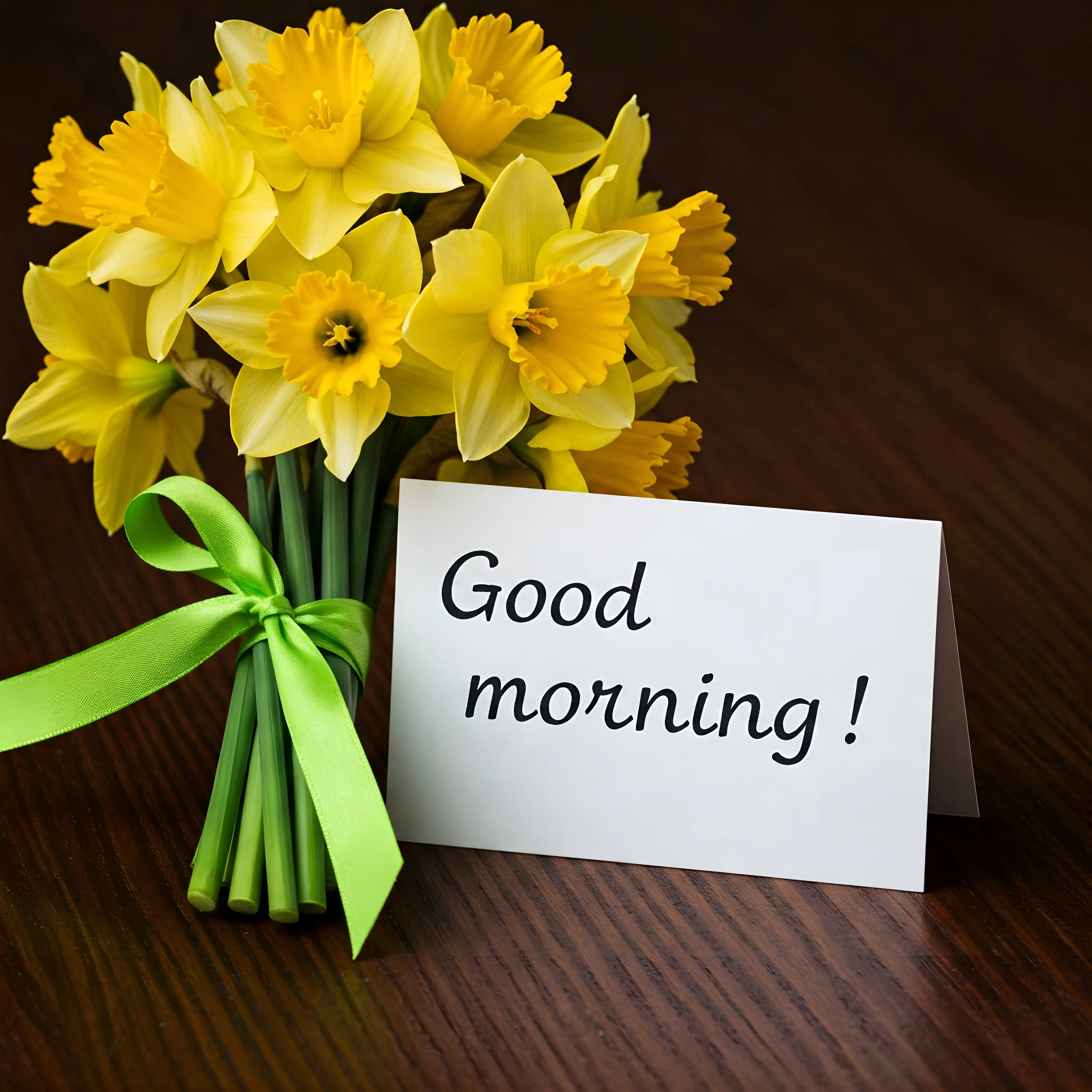 Bouquet of Yellow Daffodils with Good Morning Card on Wooden Table