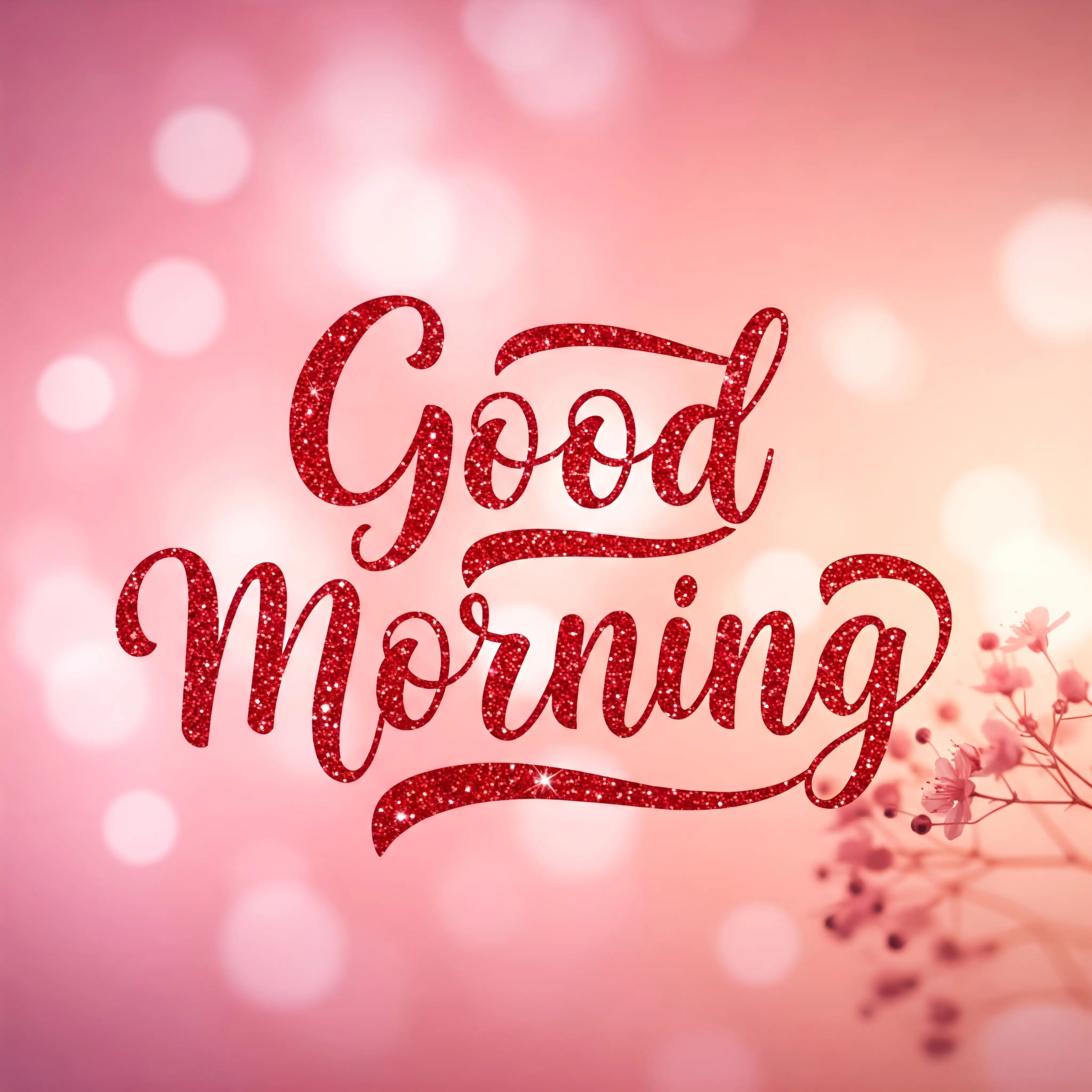 Red Glitter Good Morning Text on Pink Background with Spring Motifs