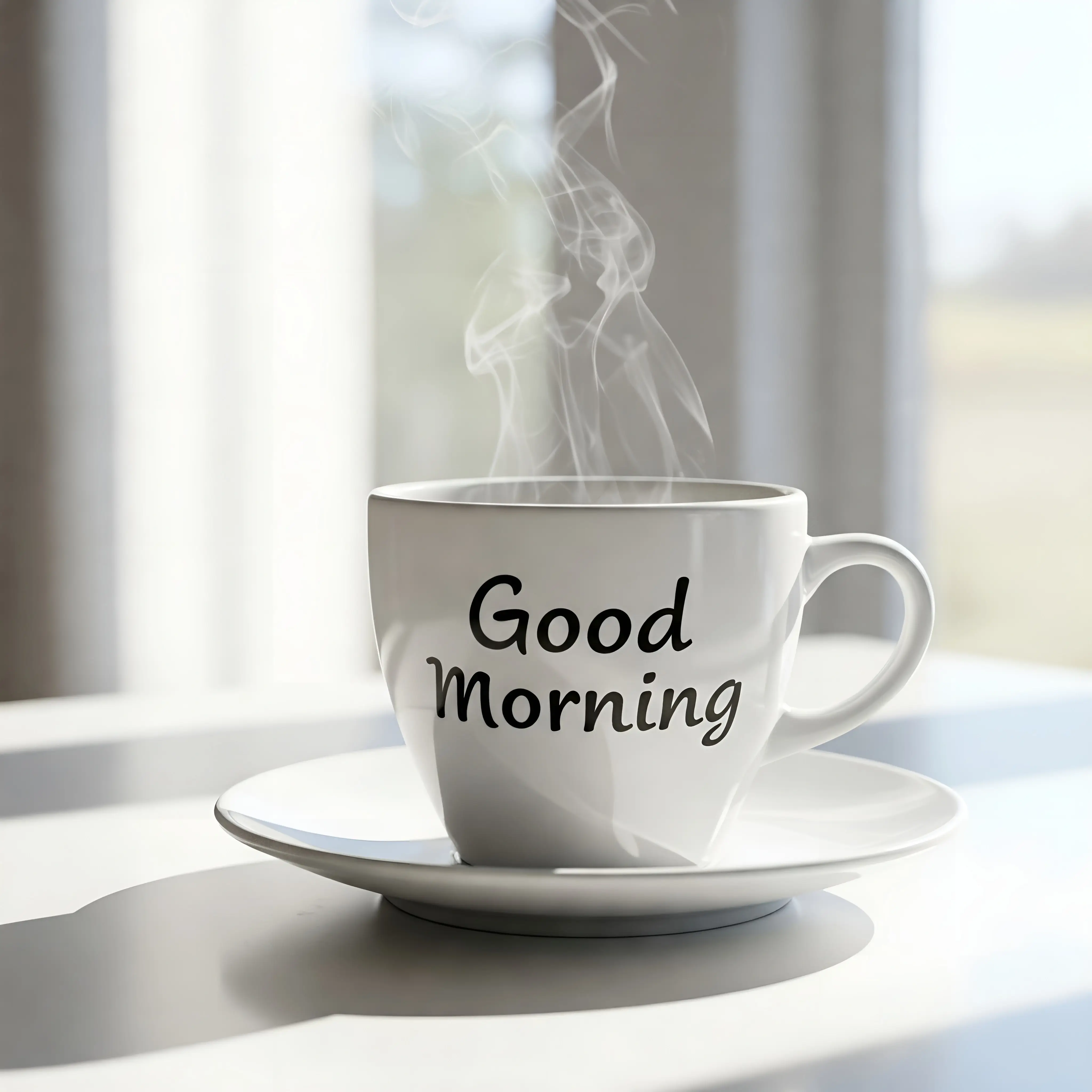 Steaming Cup of Coffee With Good Morning Text in Bright Sunlight