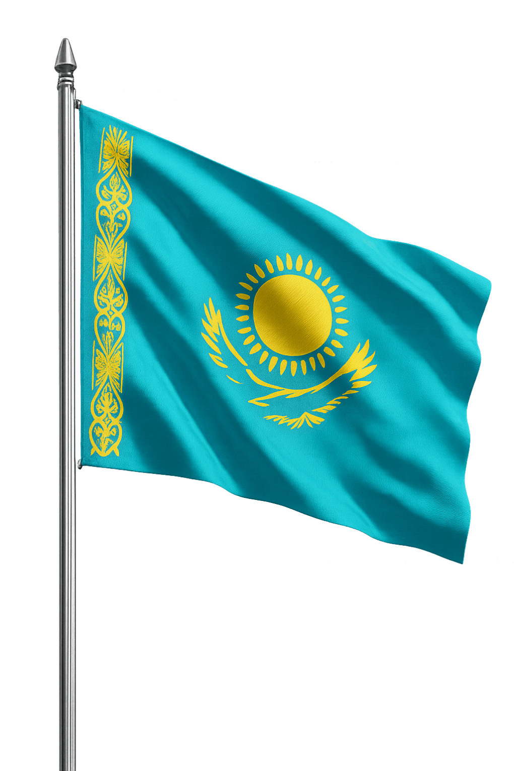 Kazakhstan Flag Waving on Pole Transparent Background