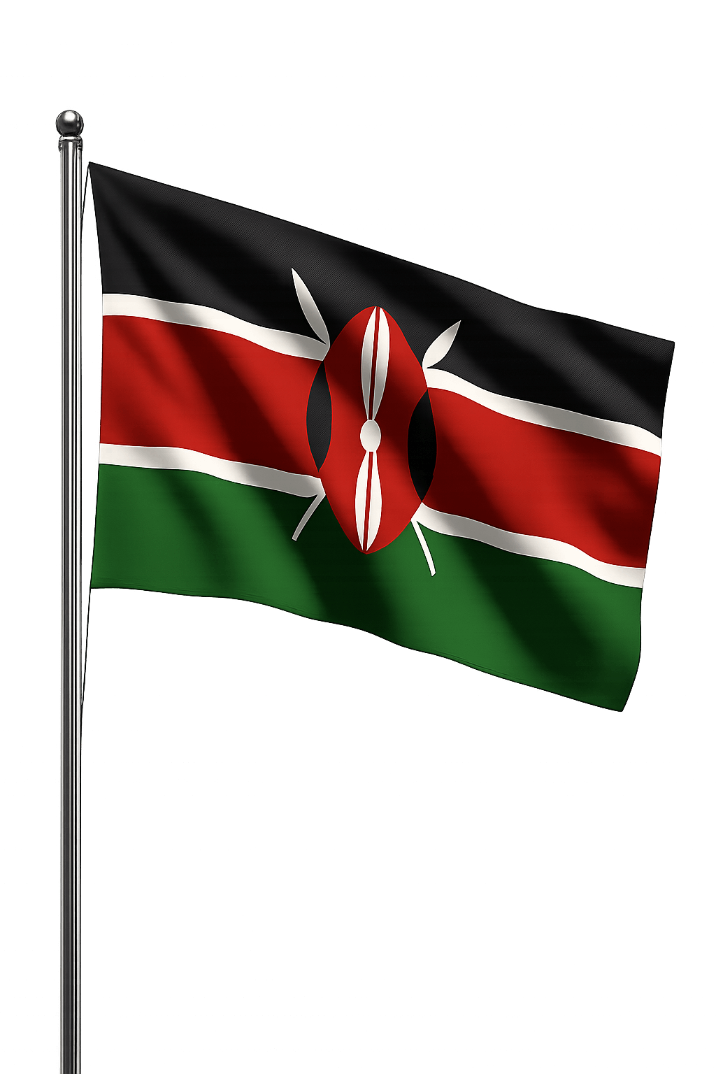 Kenya Flag Waving on Pole Transparent Background Realistic