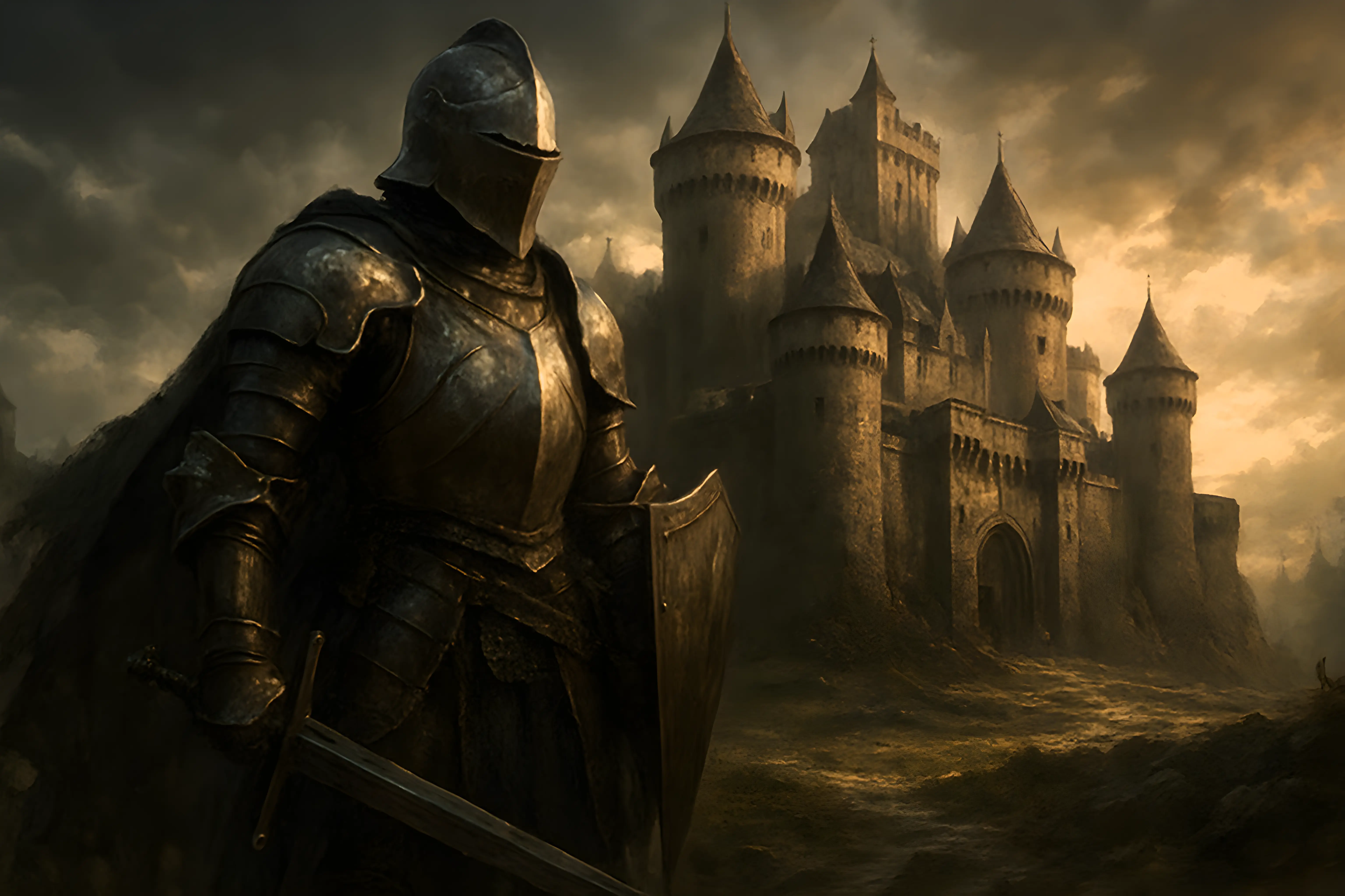Knight in Full Armor Standing Before an Ancient Castle at Sunset