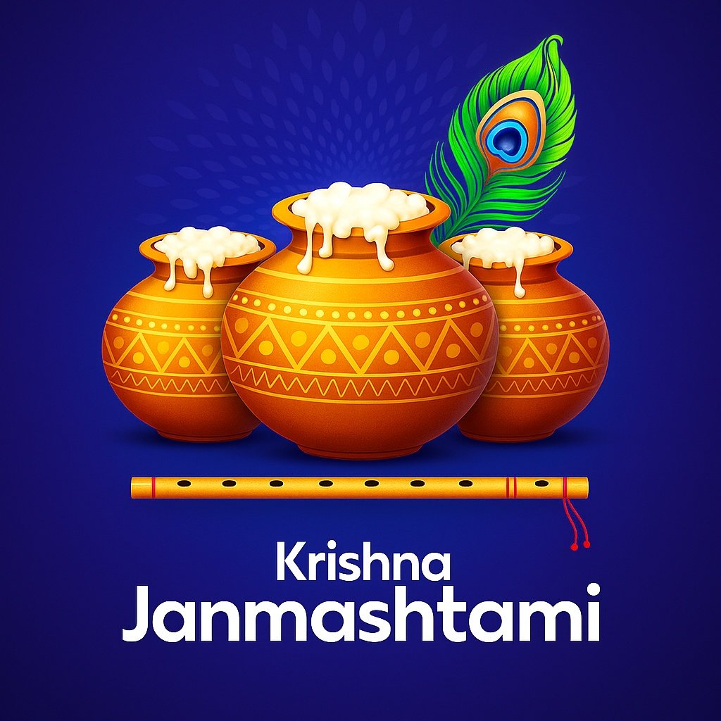 Krishna Janmashtami Celebration with Butter Pots, Flute, and Peacock Feather