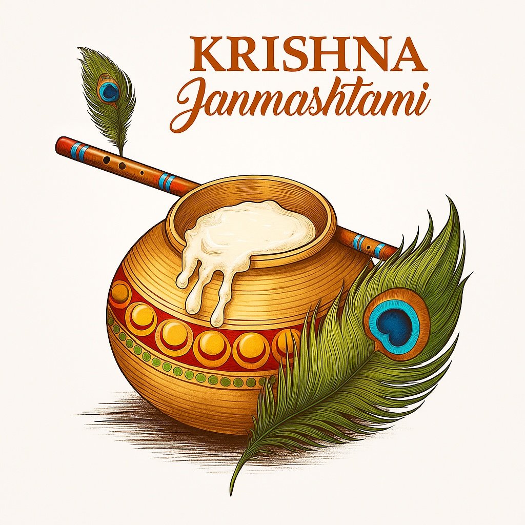 Krishna Janmashtami Festival Pot with Flute and Peacock Feathers Artwork