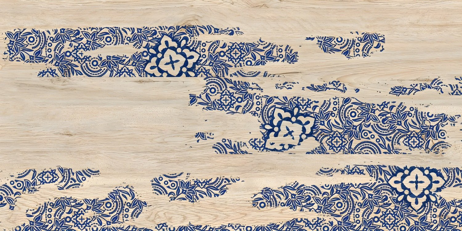 Light Wood Grain with Indigo Floral Pattern