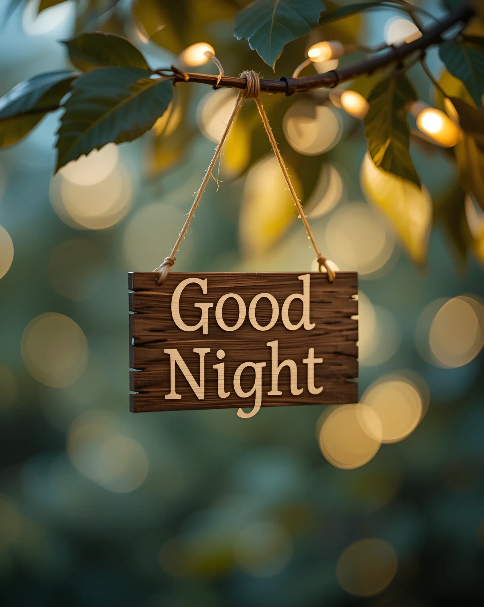 Wooden Good Night Sign Hanging Among Decorated Tree Branches