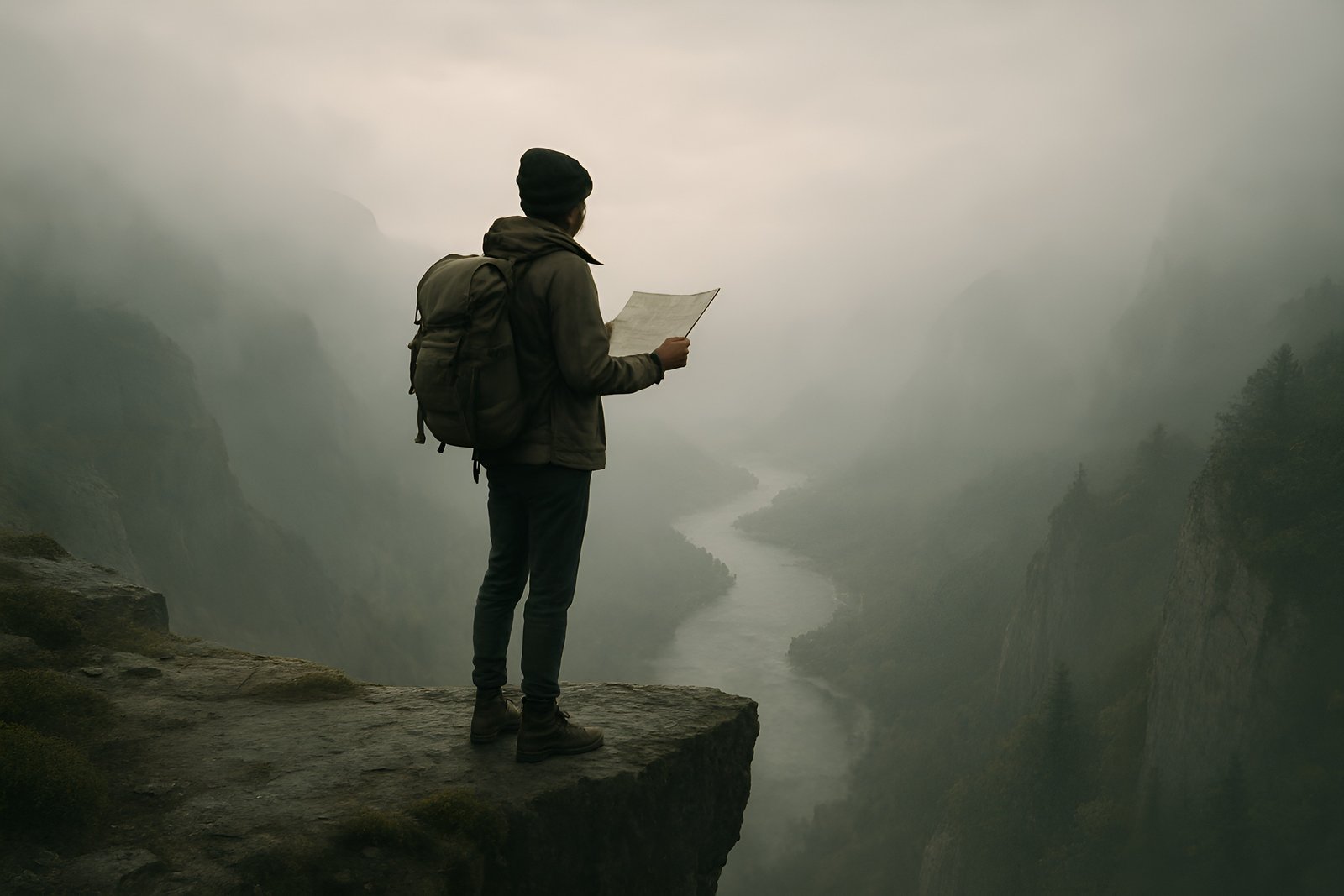 Lone Hiker Navigates Misty Canyon Landscape with a Map
