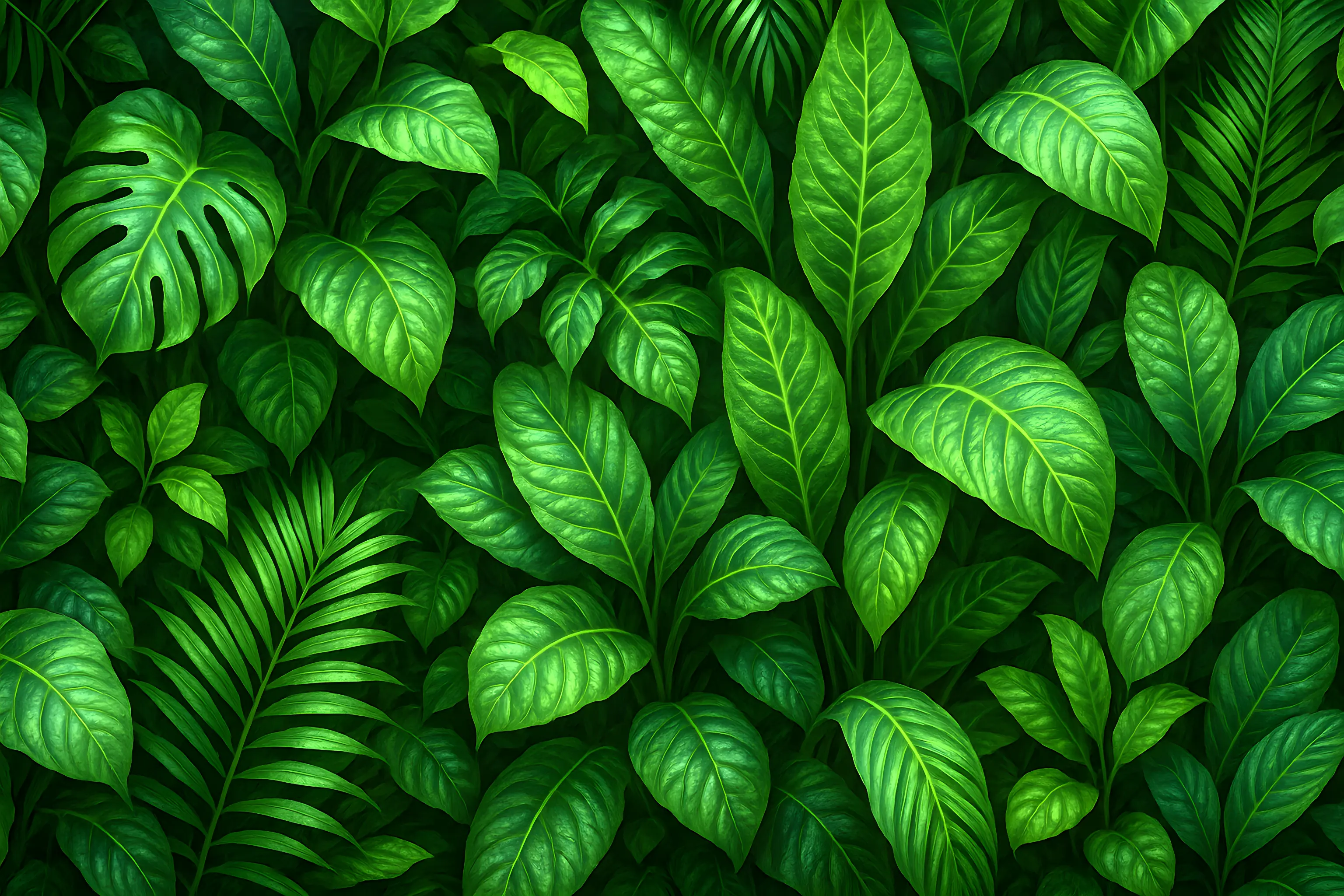 Lush Green Tropical Leaves Creating a Natural Botanical Scene