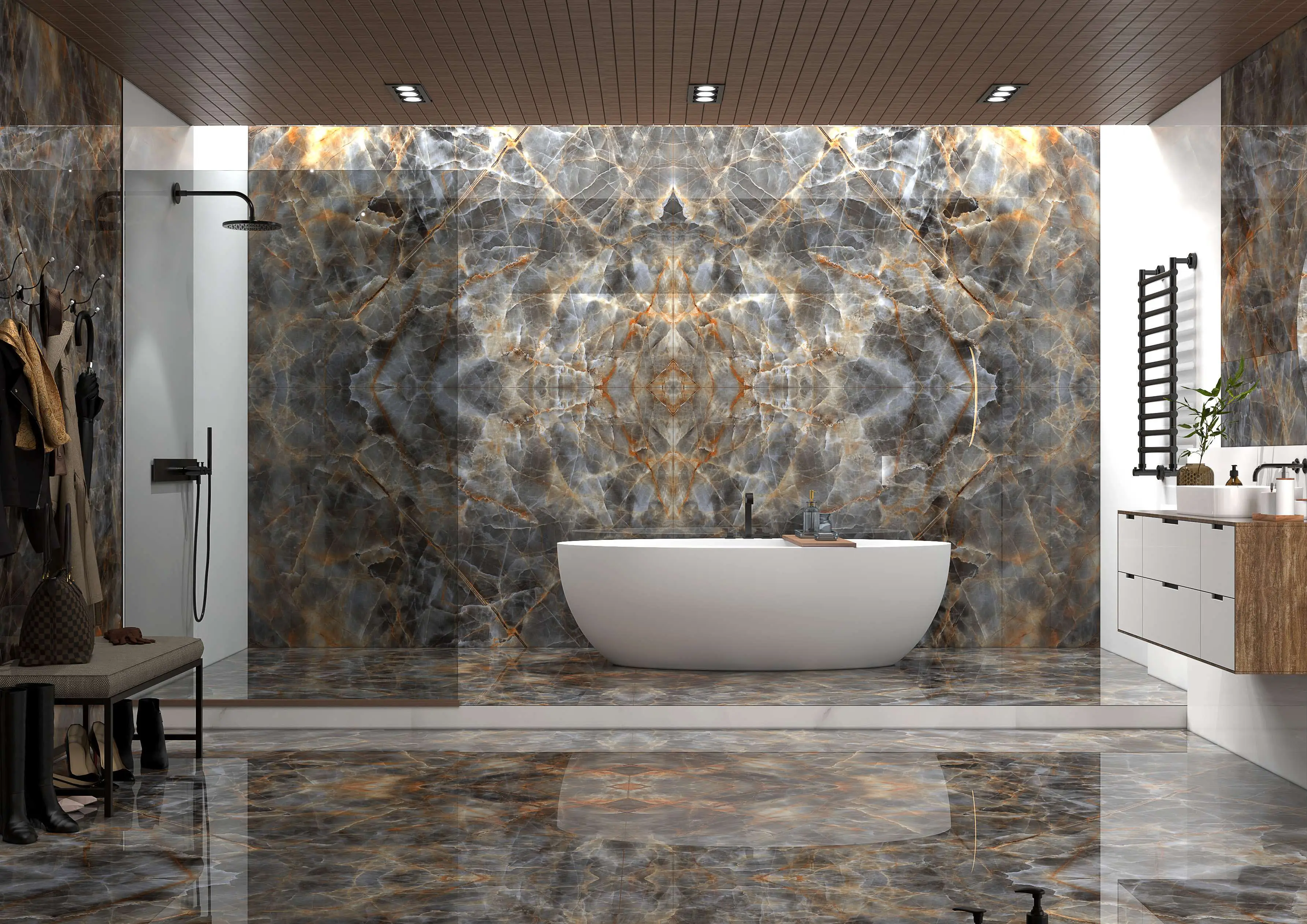 Luxurious Bathroom With Marble Walls, Freestanding Tub, and Modern Design Accents