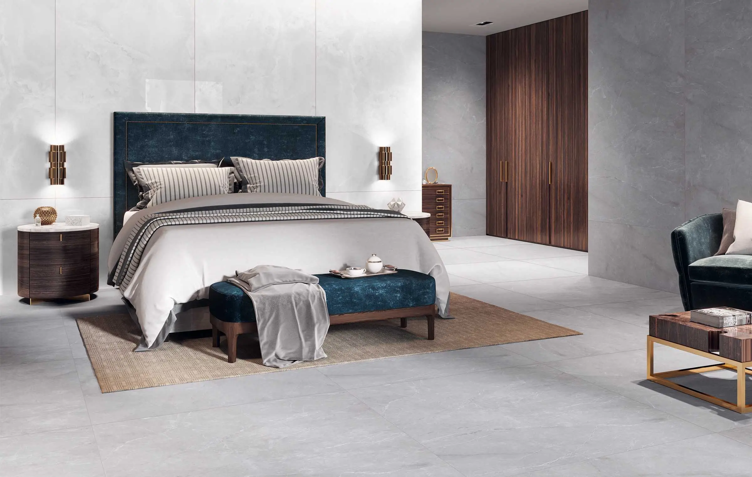 Luxury Bedroom with Grey Marble-Effect Vitrified Tiles