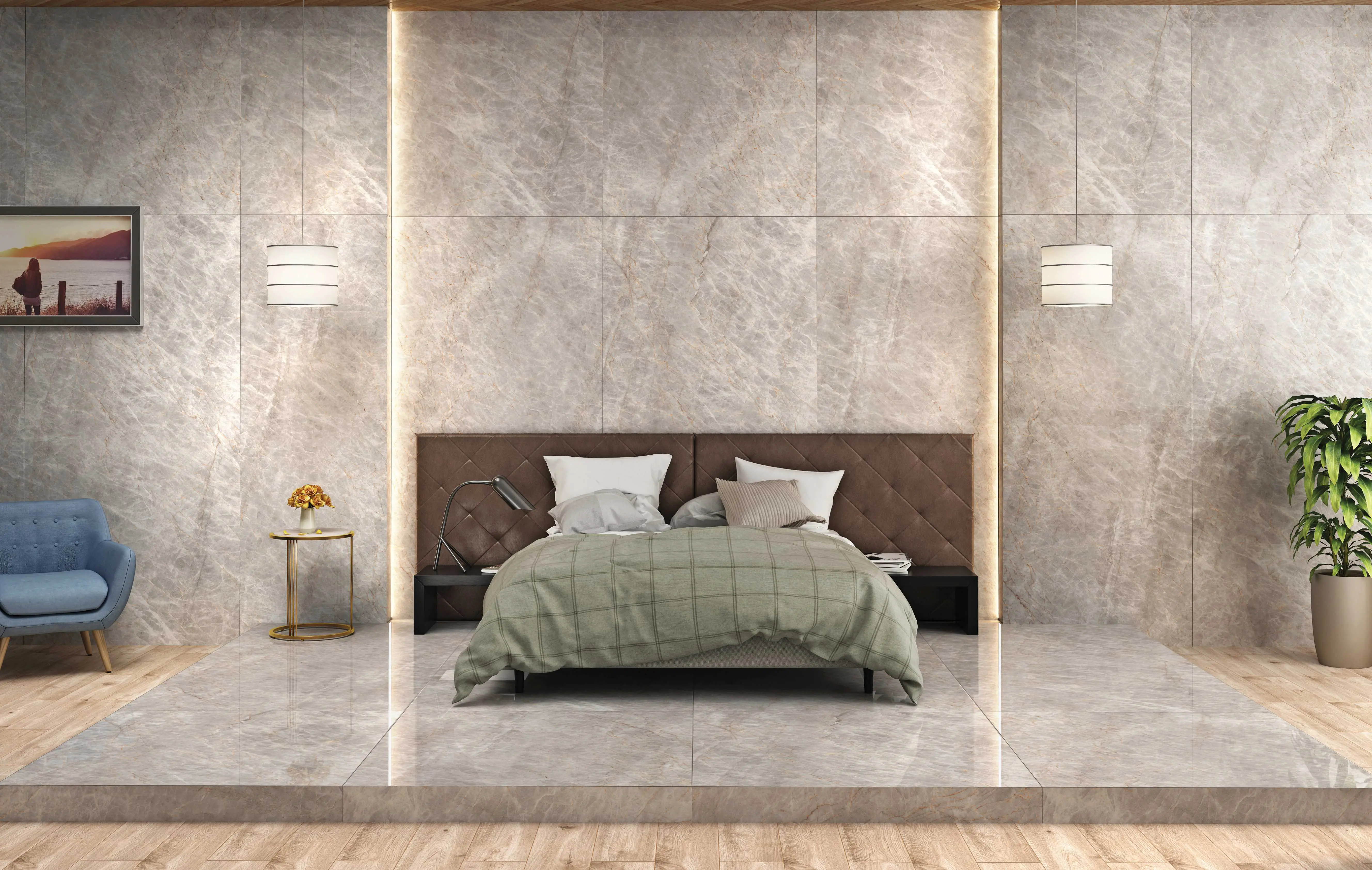 Luxury Grey Marble Bedroom Interior with Tufted Headboard