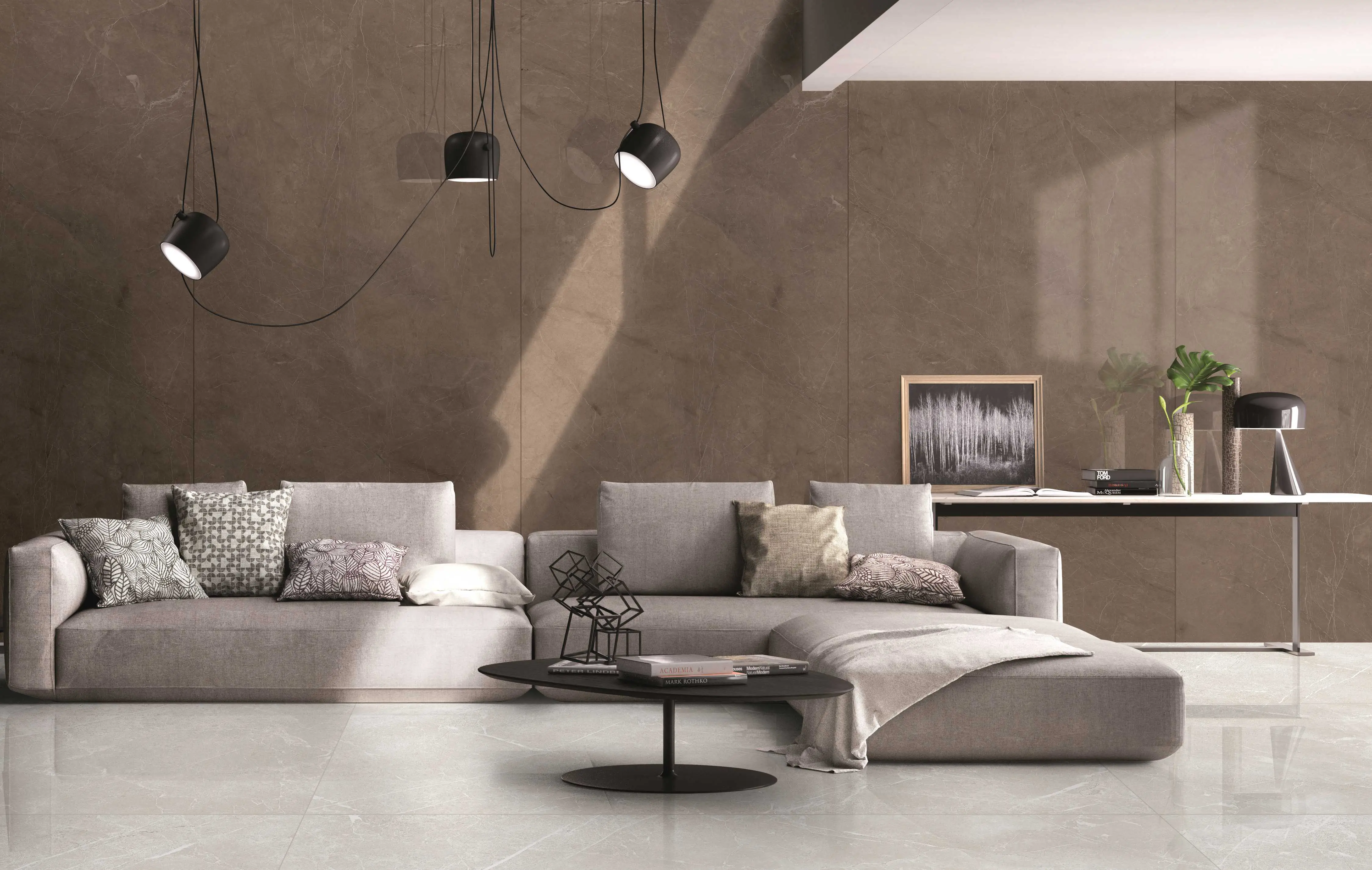 Luxury Living Room with Jest Droll Divano and Brown Walls