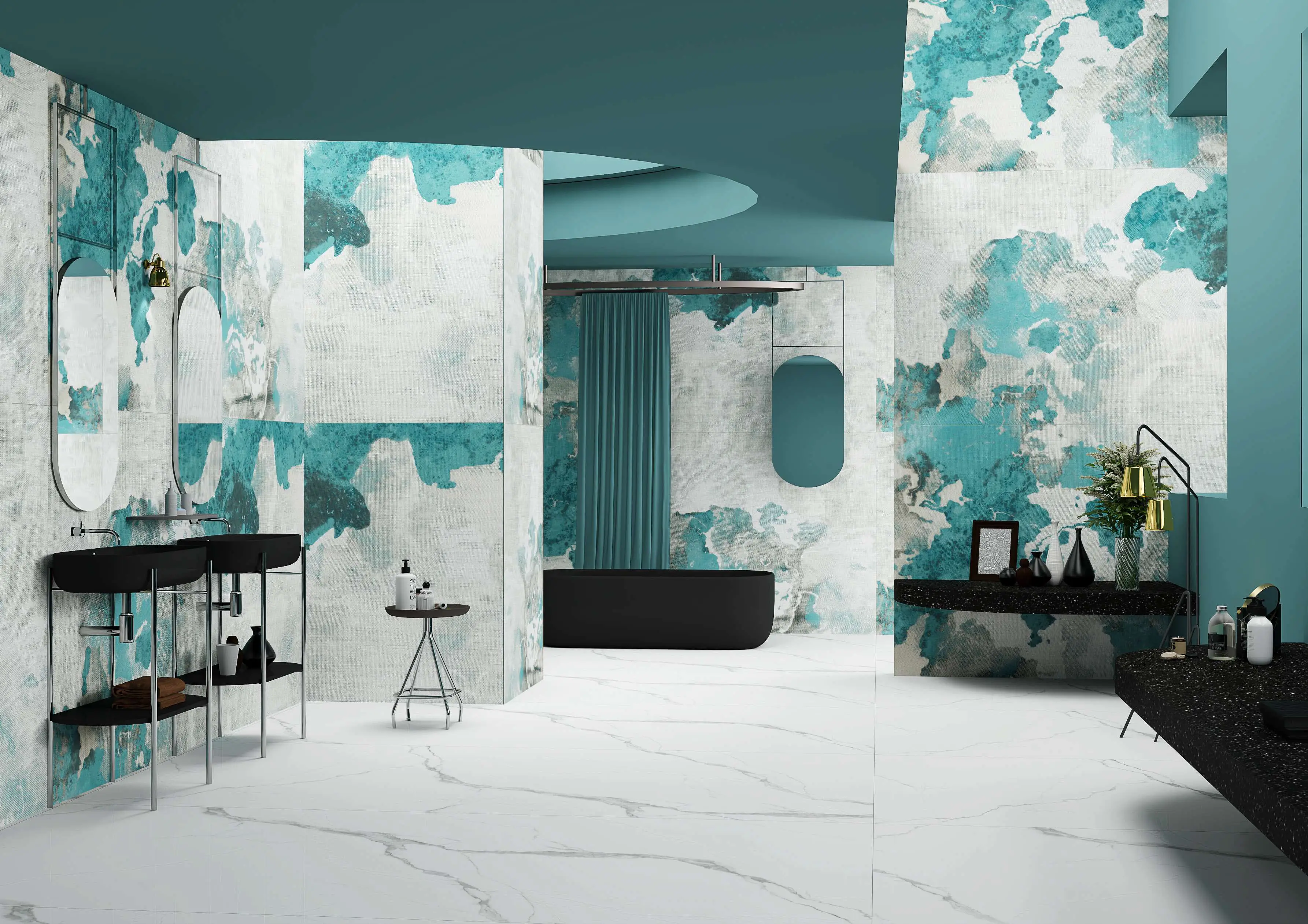 Luxury Modern Bathroom Featuring Bold Turquoise Accents and Stylish Fixtures
