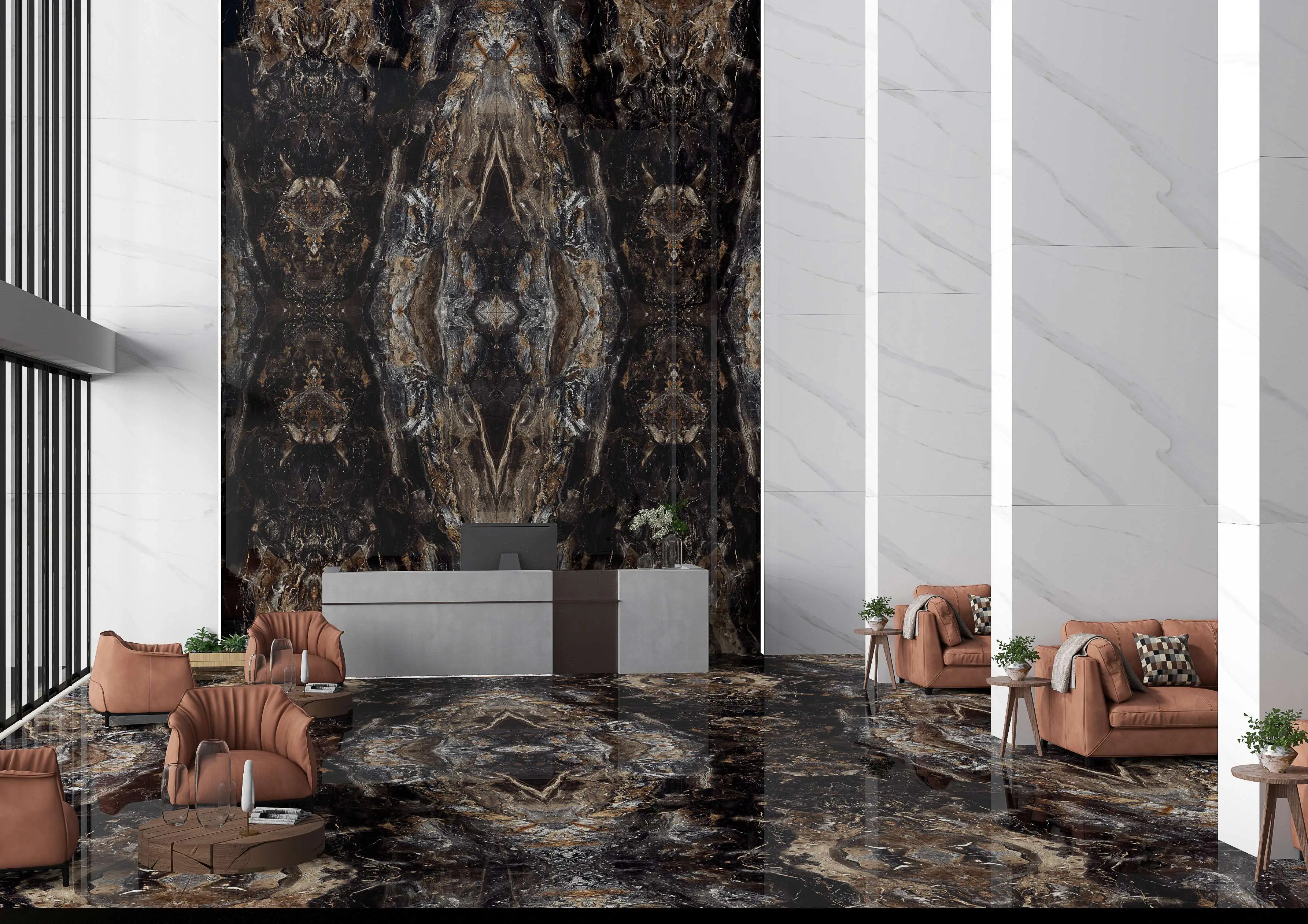 Luxury Office Lounge with Marble Flooring and Modern Furniture Design