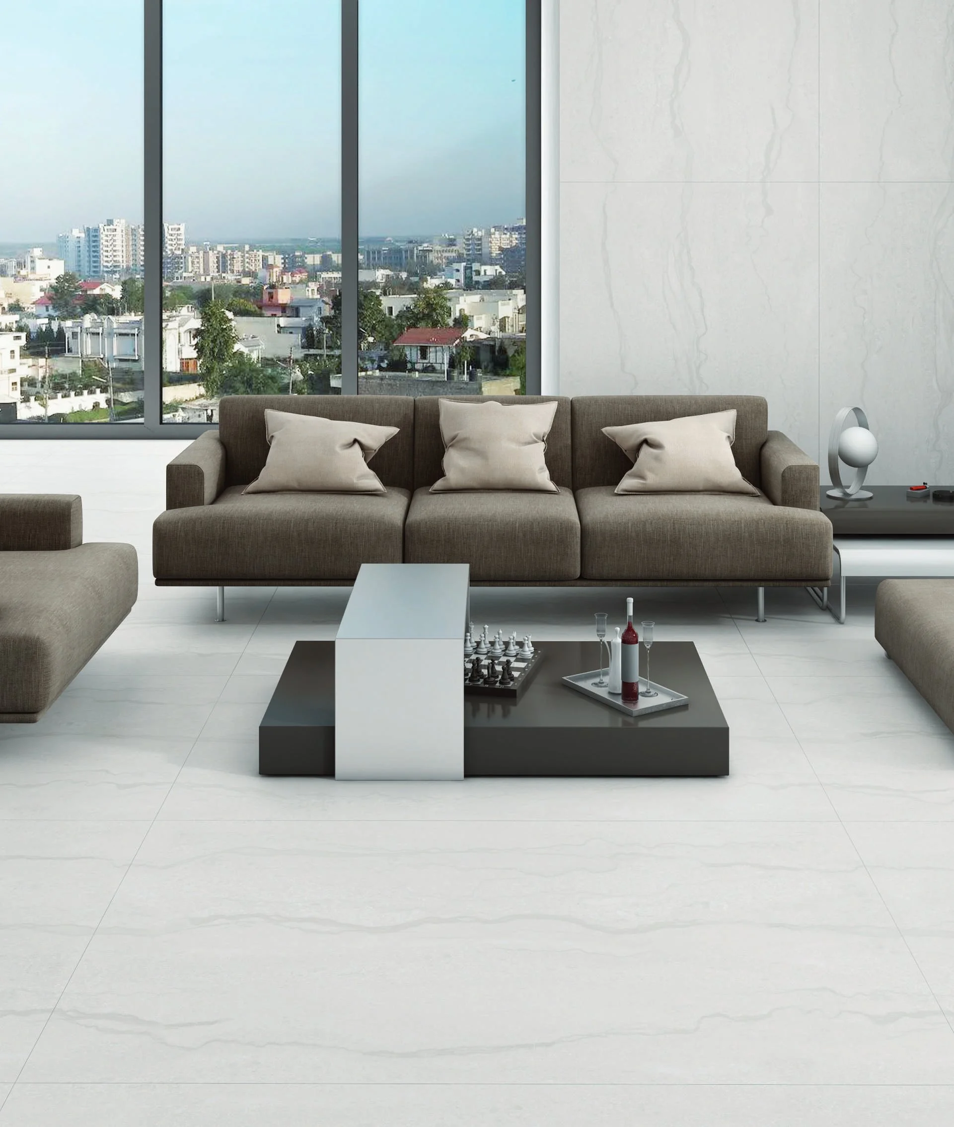Luxury Urban Living Room with Modern Sofa and City View