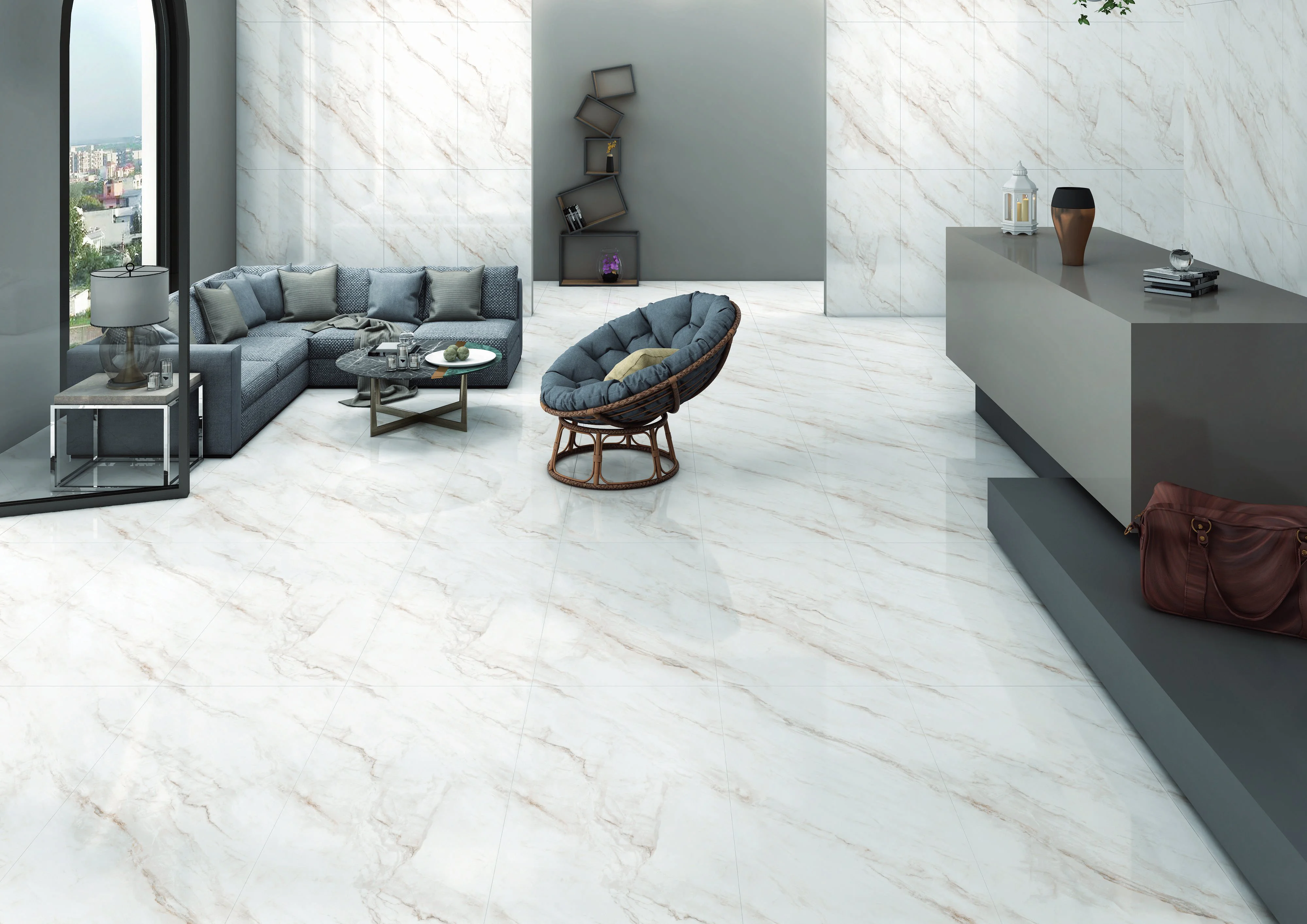 Luxury white marble living room with contemporary papasan chair.