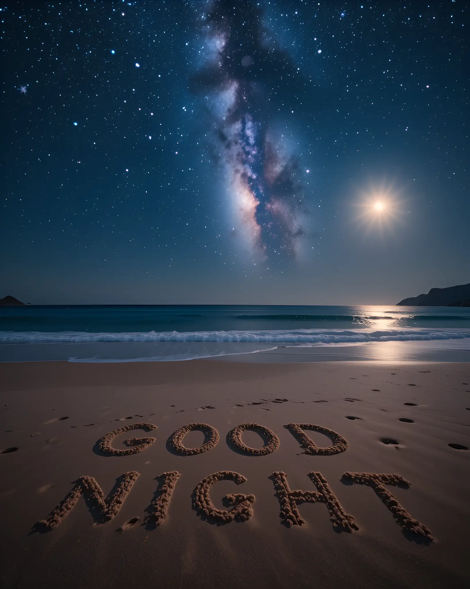 Milky Way Galaxy Over a Beach With Good Night Written on Sand