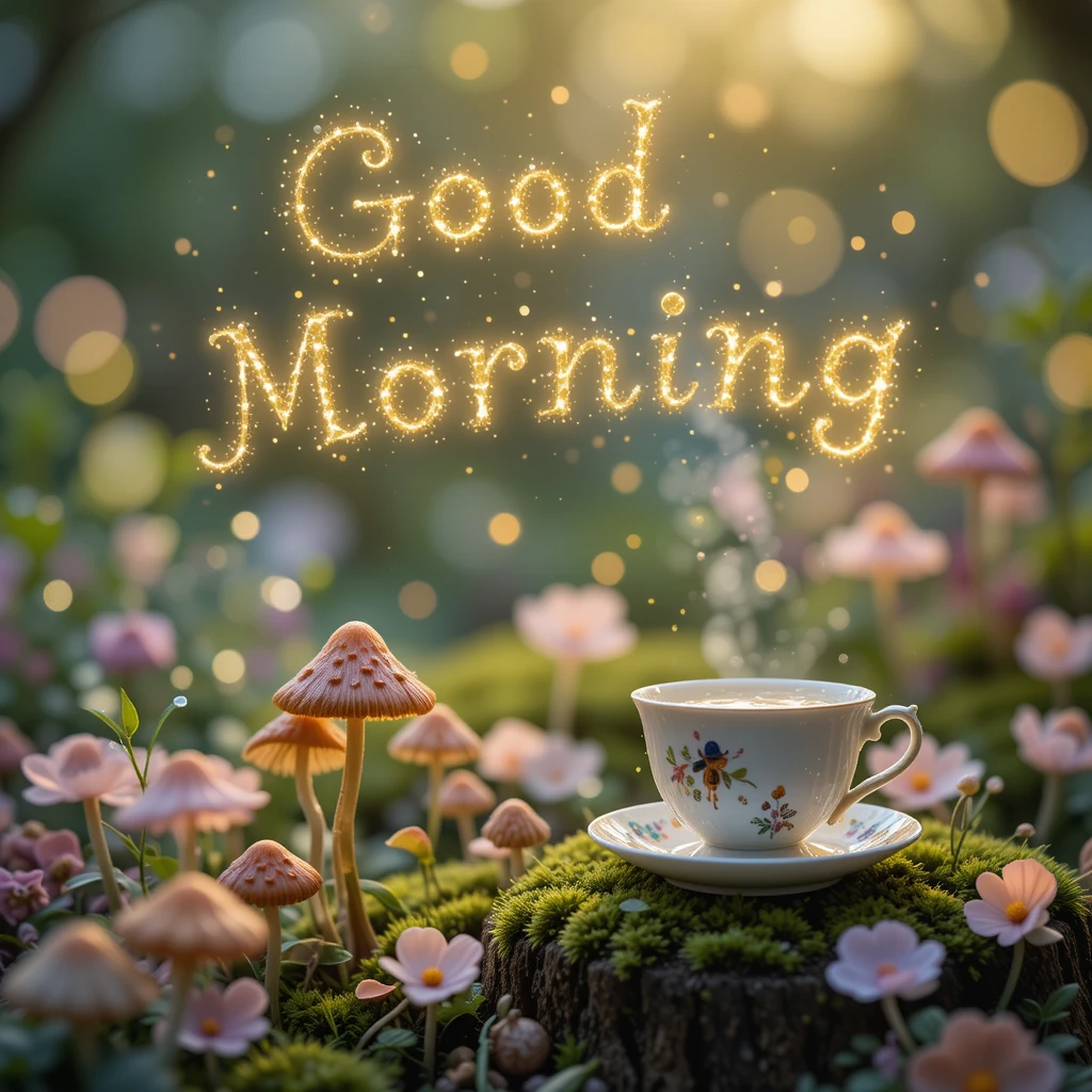 Magical Morning Scene with Sparkling Text and Misty Tea Cup in Fairy Garden