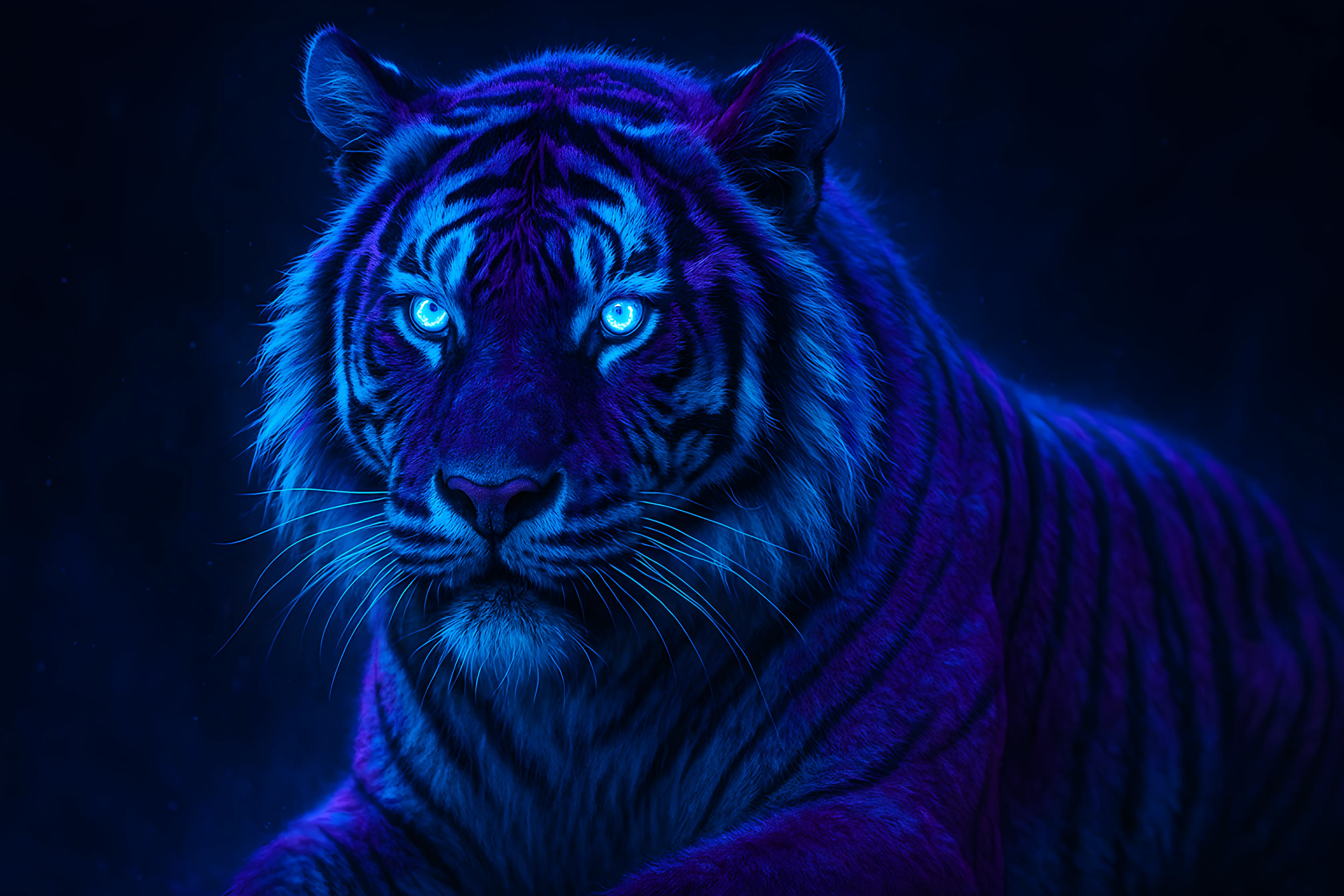 Majestic Blue Tiger with Glowing Eyes in a Mystical Night Scene