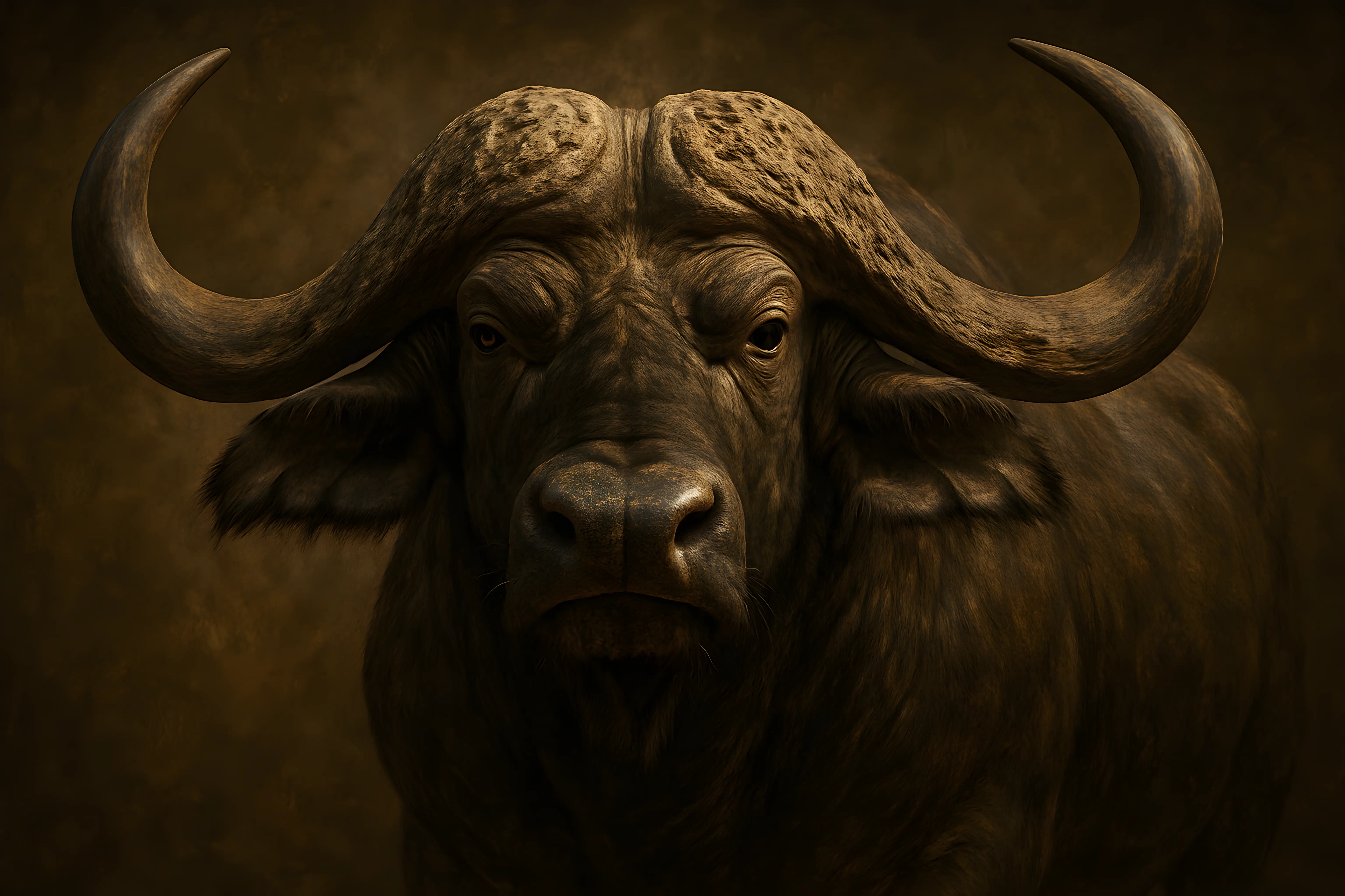 Majestic Cape Buffalo Portrait With Intense Gaze and Textured Horns