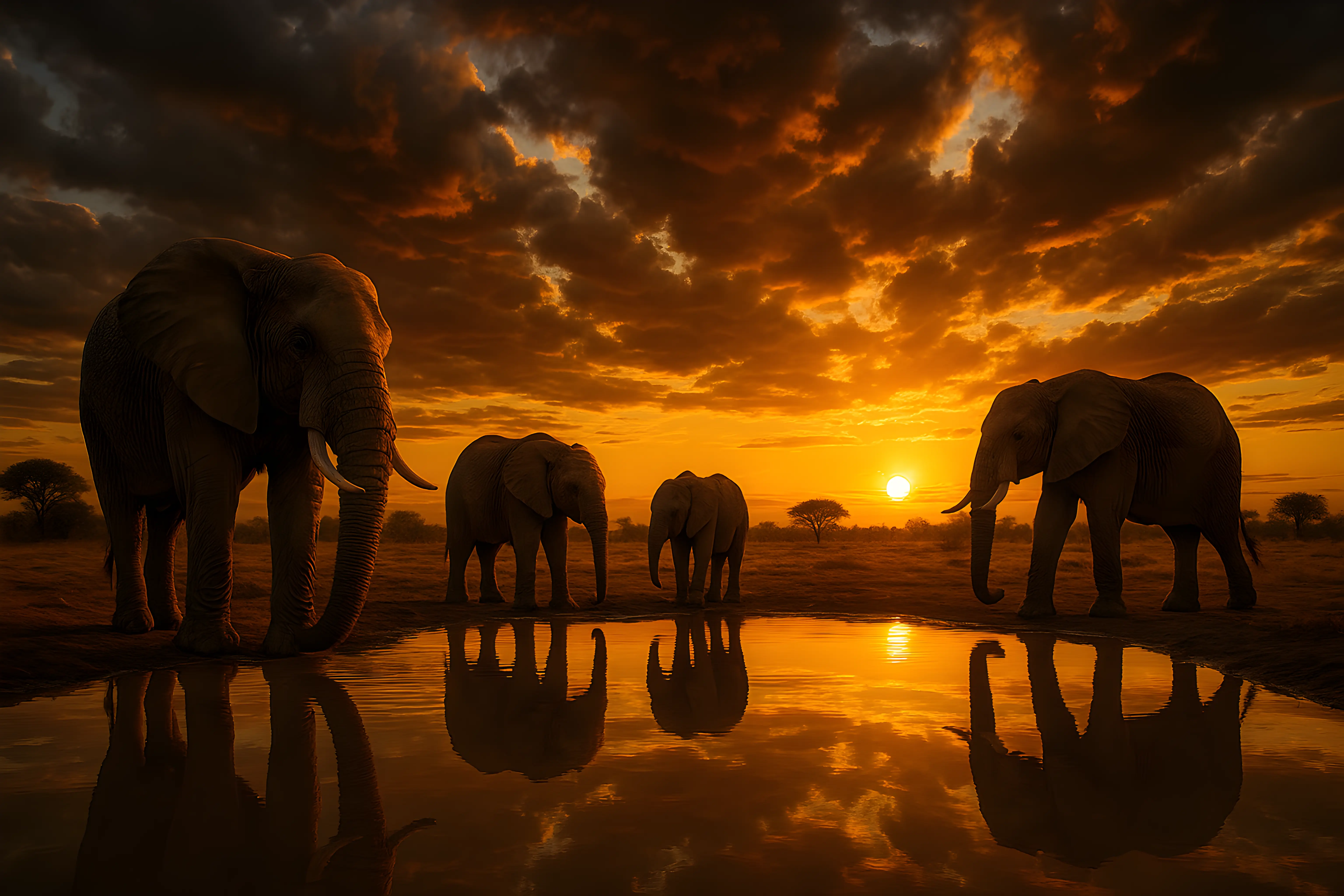 Majestic Elephants by a Sunset Waterhole in an African Landscape