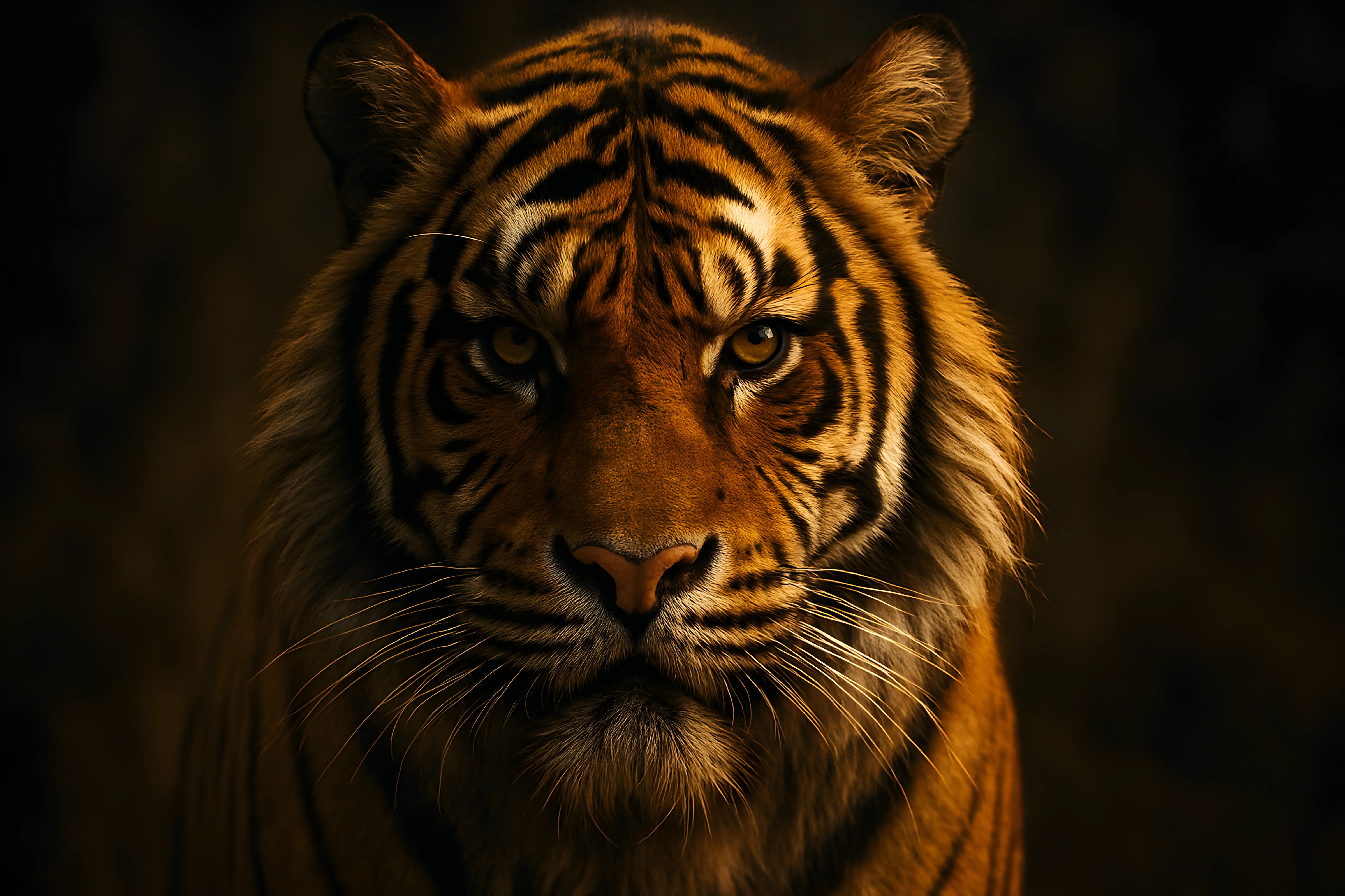 Majestic Tiger Staring Intently in a Dramatic Low Light Setting
