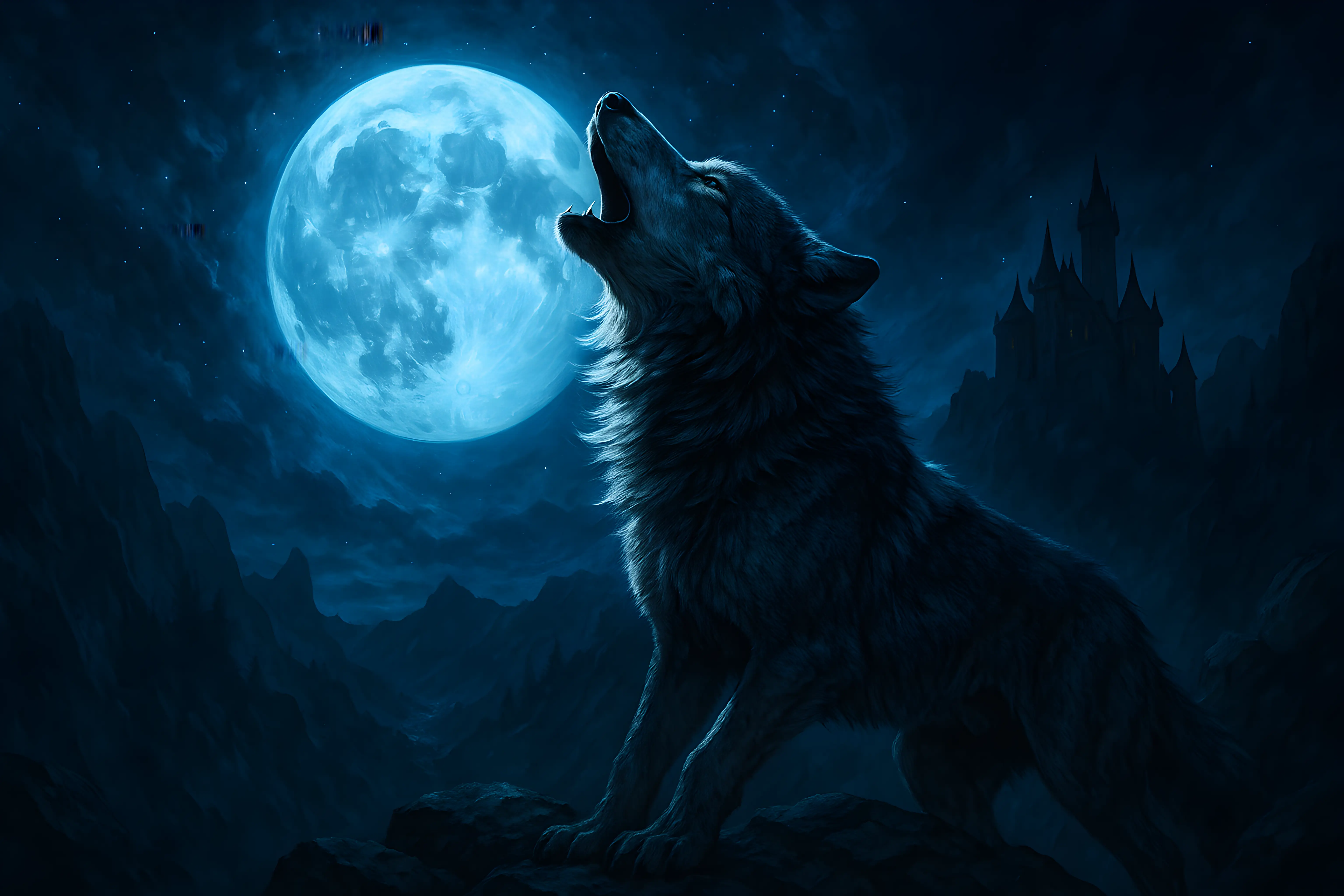 Majestic Wolf Howling at Full Moon in Mystical Night Landscape